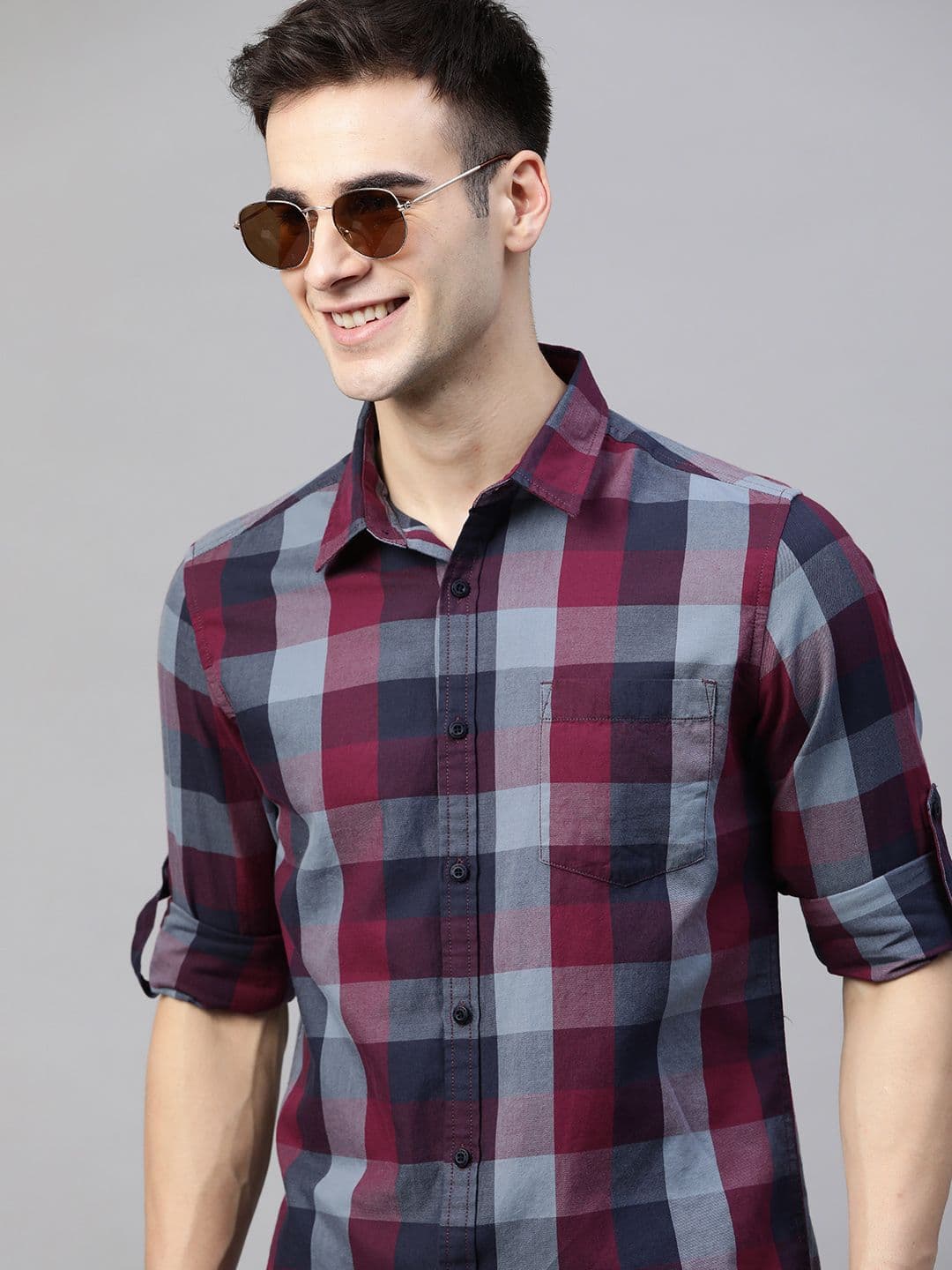 HERE&NOW Men Blue & Maroon Slim Fit Checked Casual Shirt - view 1