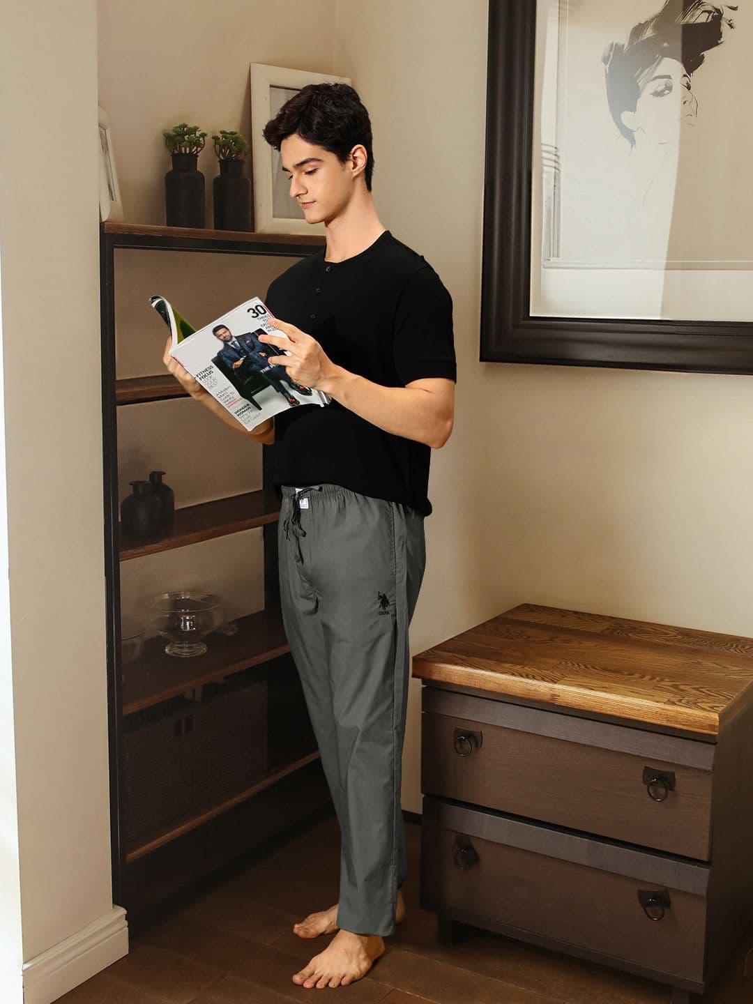 U.S. Polo Assn. Men Grey Solid Pure Cotton Lounge Pants - view 1