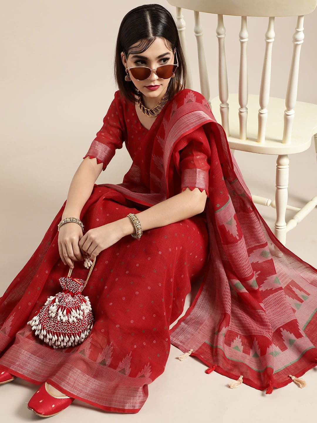 Saree Mall Blazing Red Linen Blend Saree - view 1