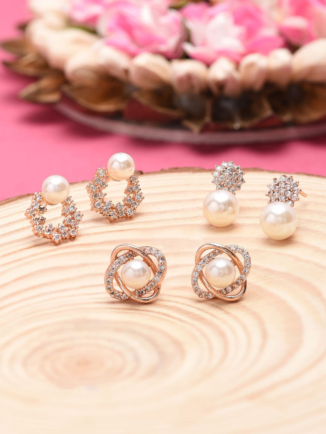 Zaveri Pearls Pack of 3 Gold-Toned Contemporary Studs - view 1