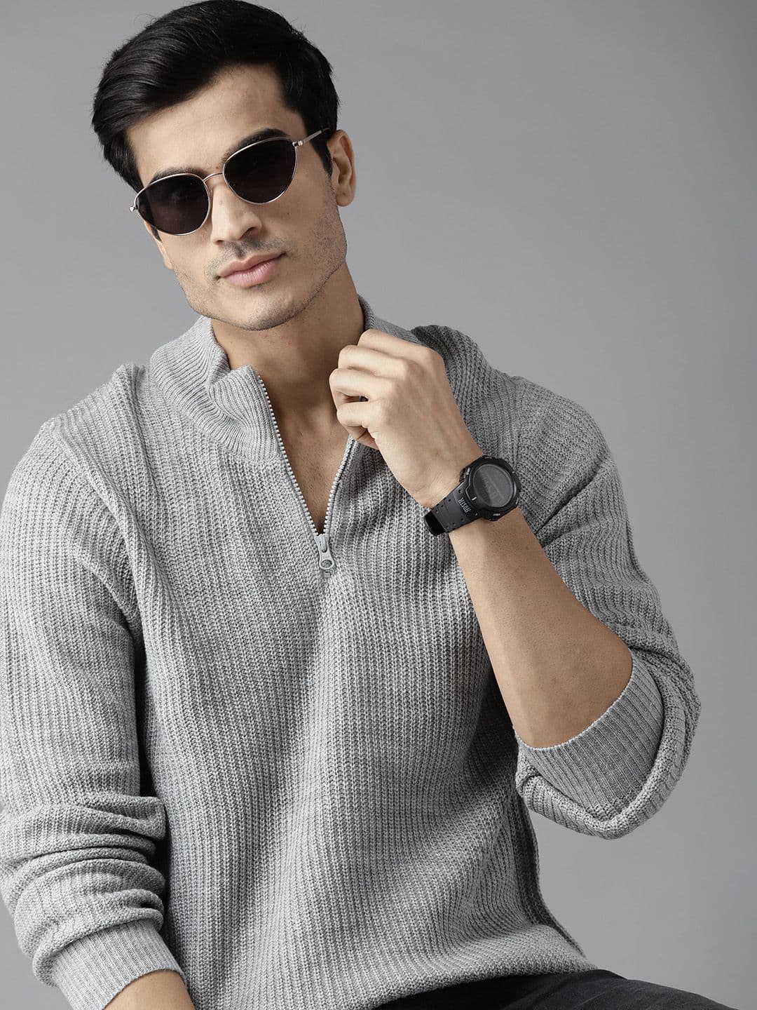 Roadster Men Grey Self-Striped Pullover - view 1