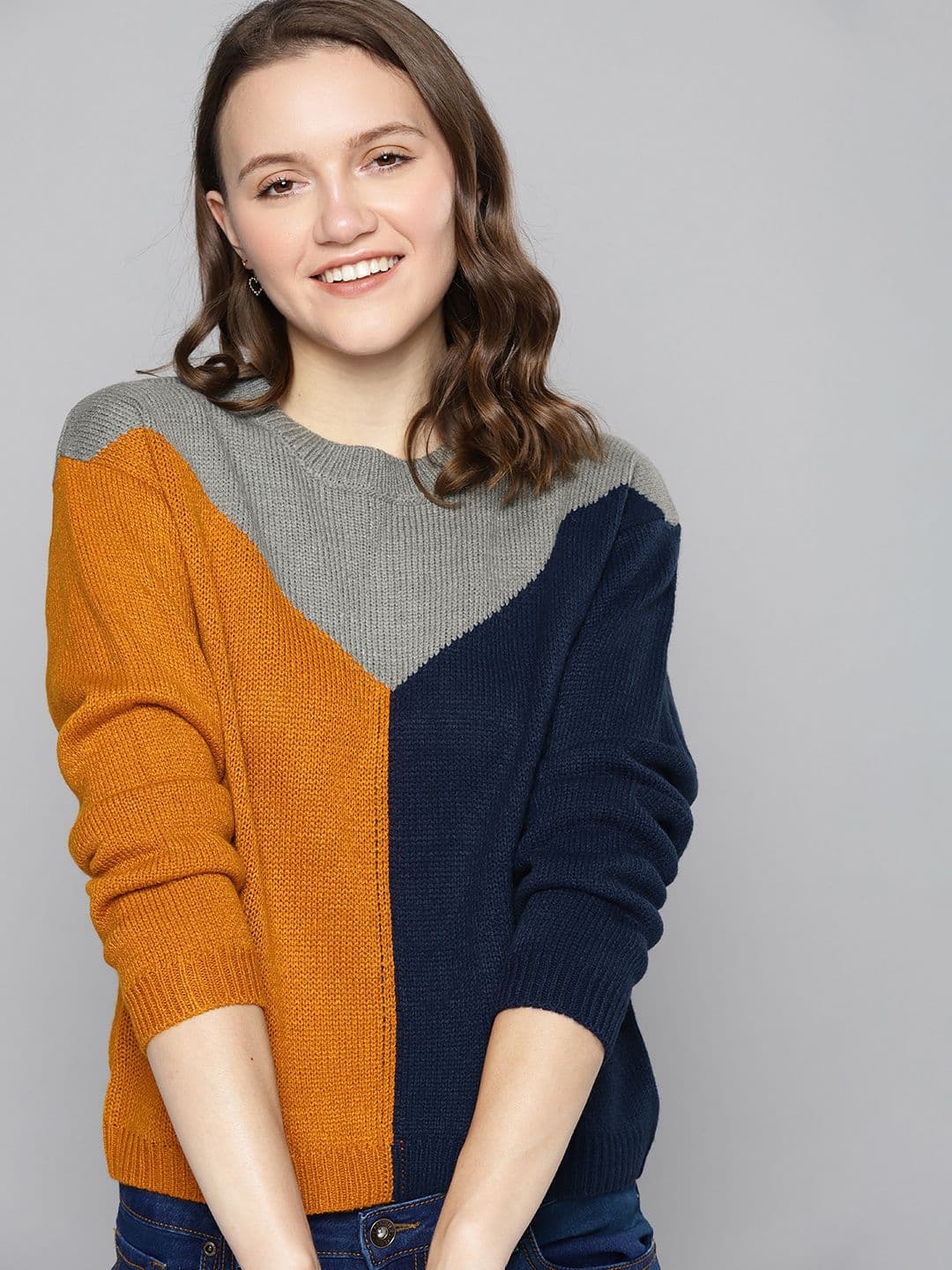 Mast & Harbour Women Mustard & Navy Blue Colourblocked Pullover - view 1