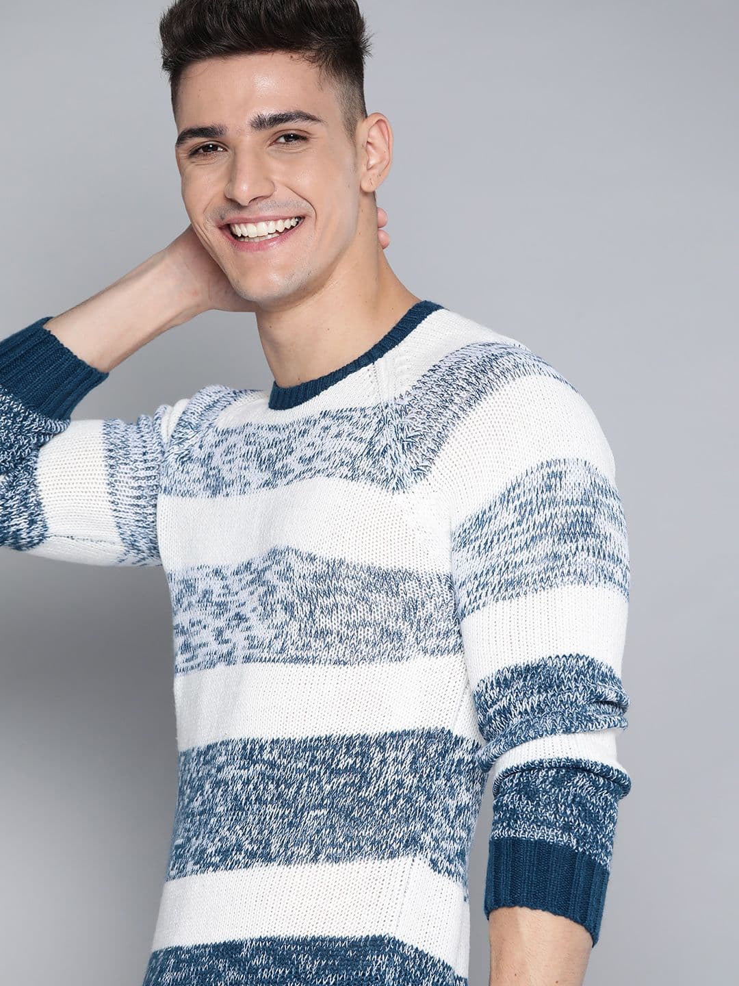 Mast & Harbour Men White & Teal Blue Striped Pullover - view 1