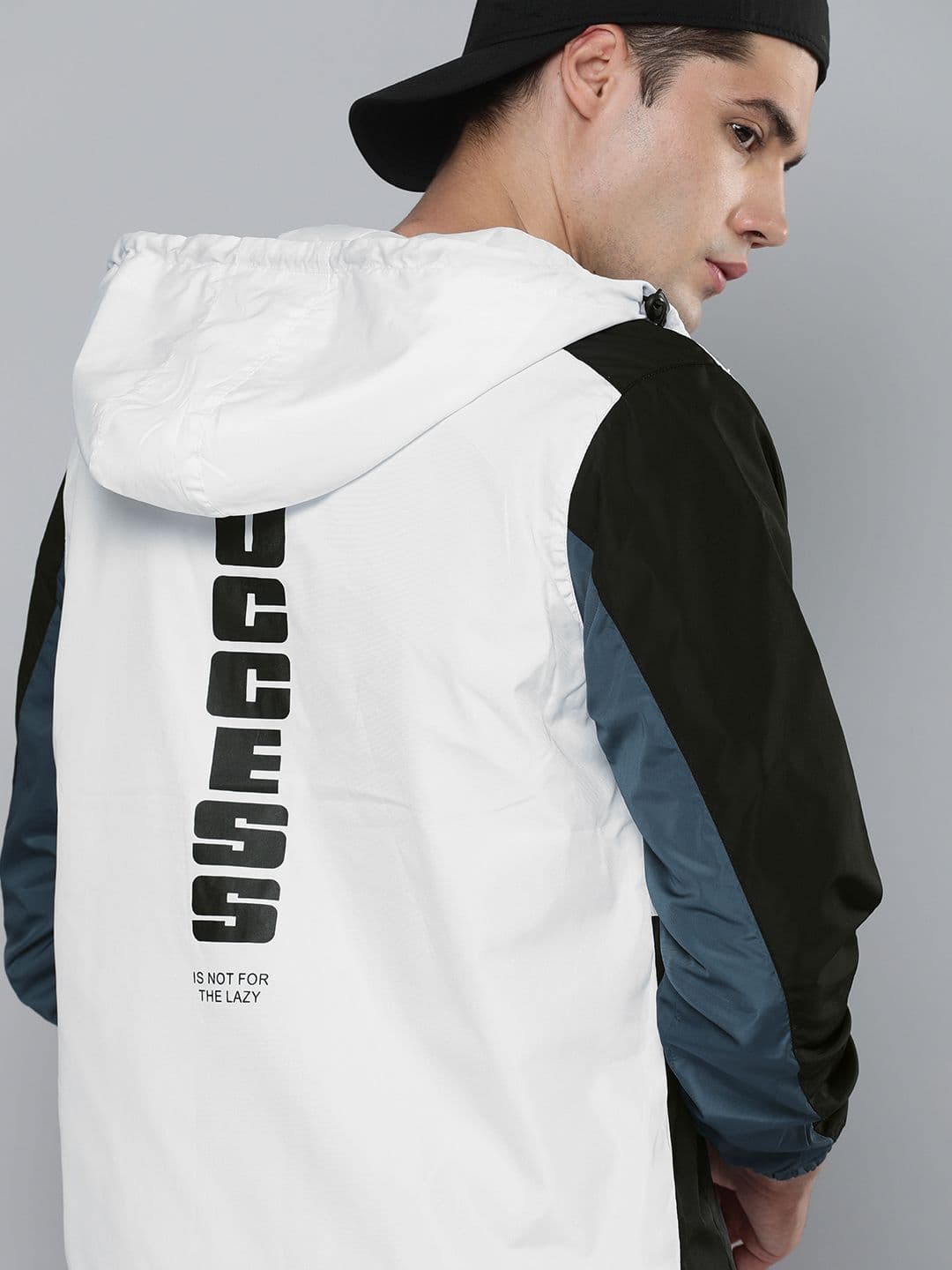 HERE&NOW Men White & Black Colourblocked Hooded Sporty Jacket - view 1