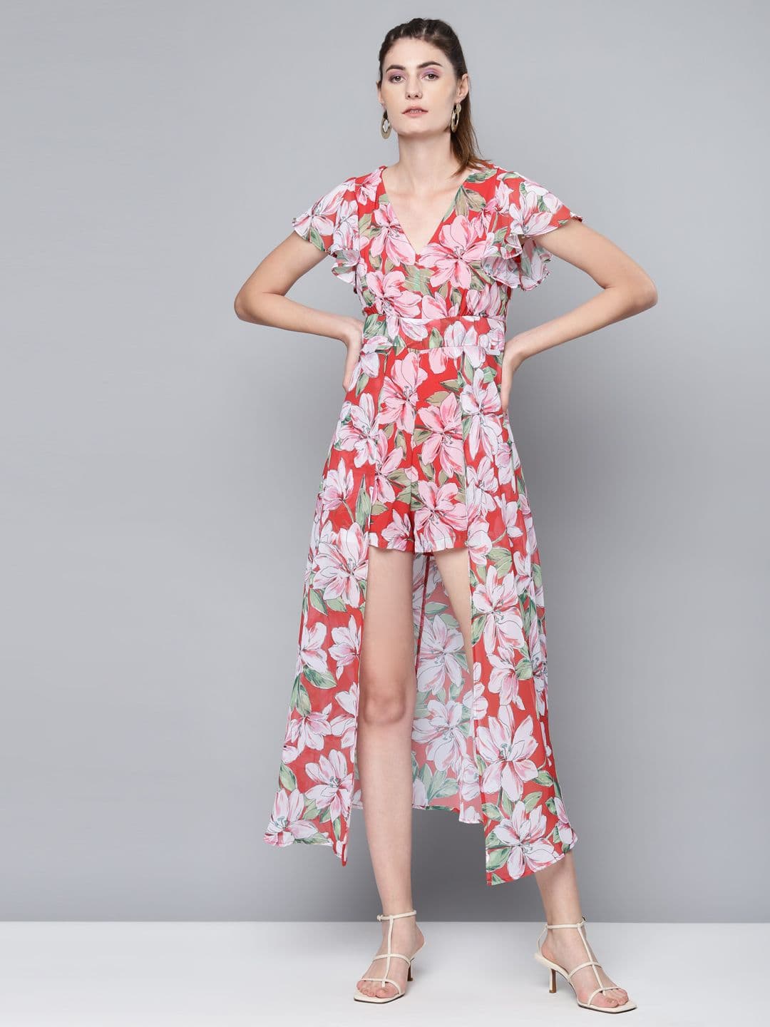 SASSAFRAS Coral Red & Green Floral Printed Layered Jumpsuit - view 1