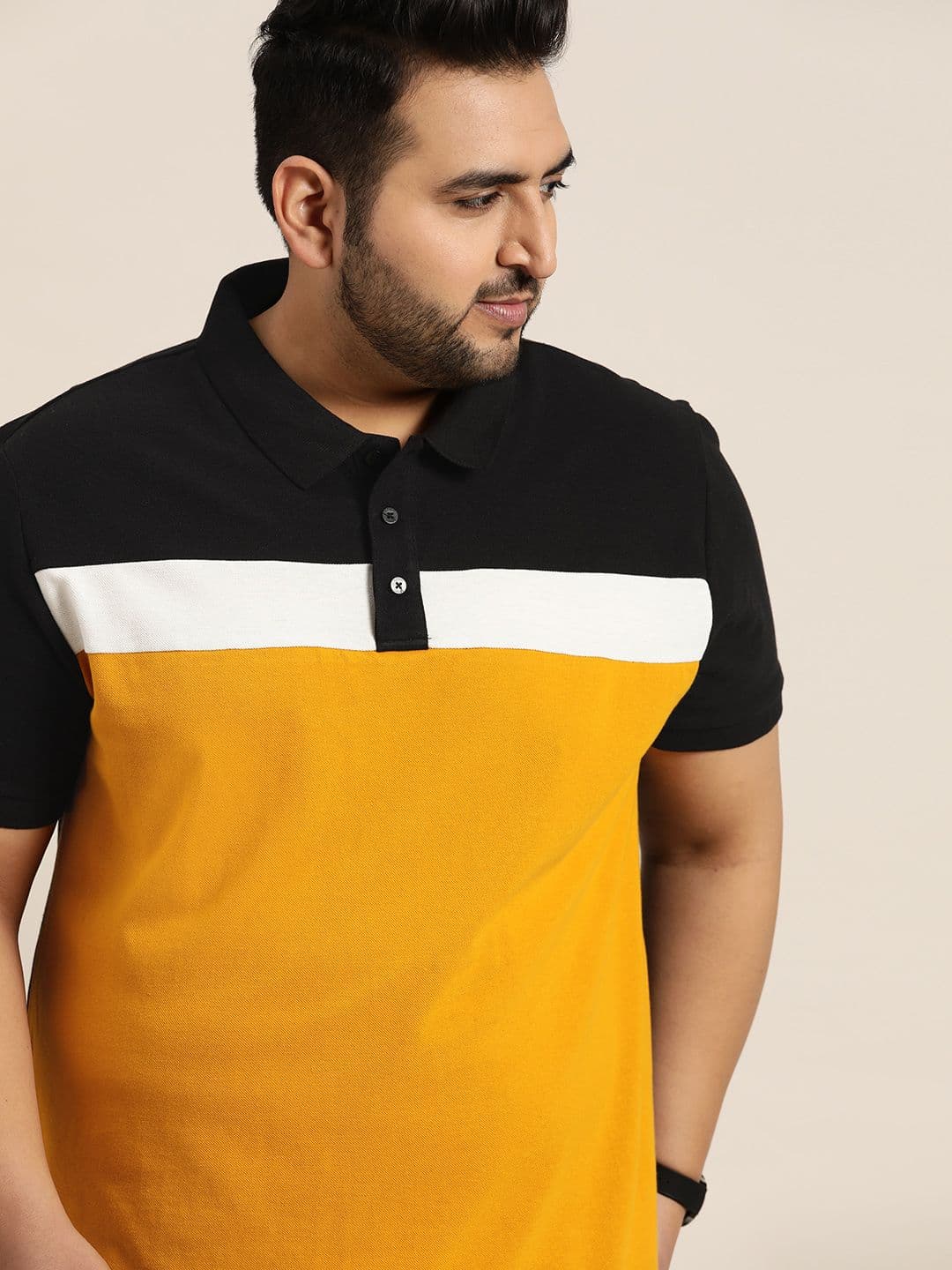 Sztori Men Plus Size Black & Mustard Yellow Cotton Colourblocked Polo Collar T-shirt - view 1