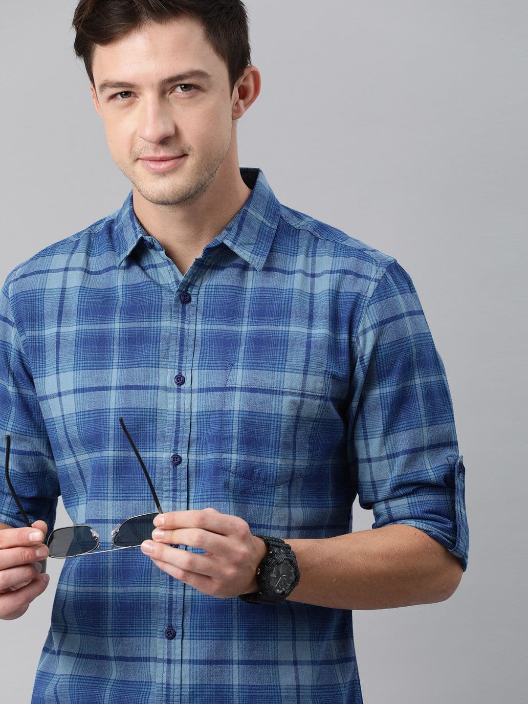 HERE&NOW Men Blue Cotton Checked Casual Shirt - view 1