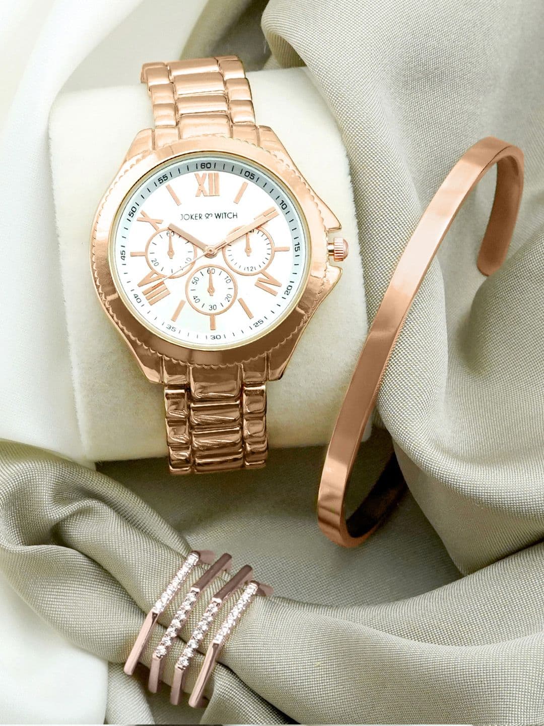 JOKER & WITCH Women White & Rose Gold-Toned Sun Glaze Love Triangle Watch Gift Set JWLT230 - view 1