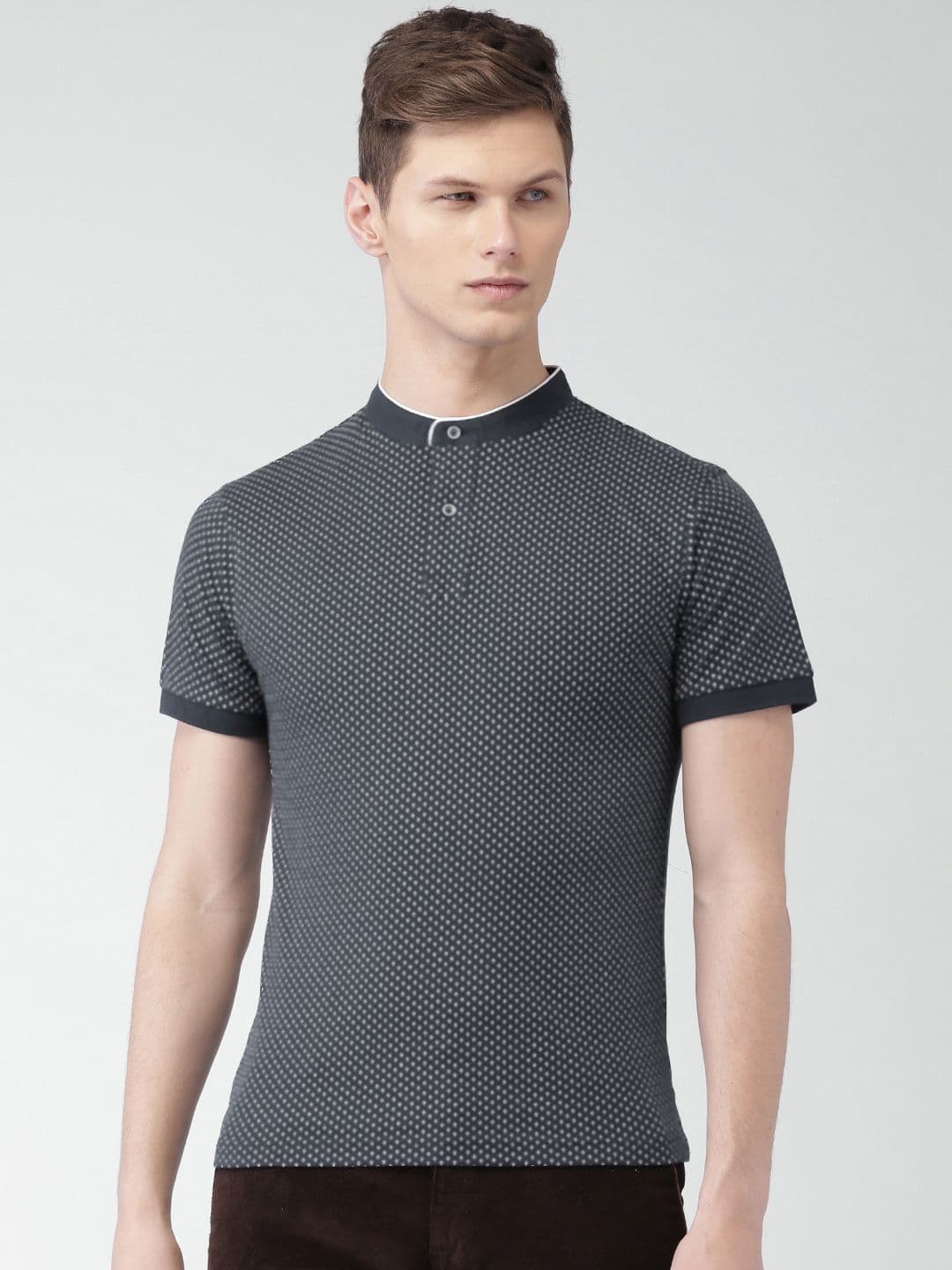 INVICTUS Men Navy & White Printed Mandarin Collar T-Shirt - view 1