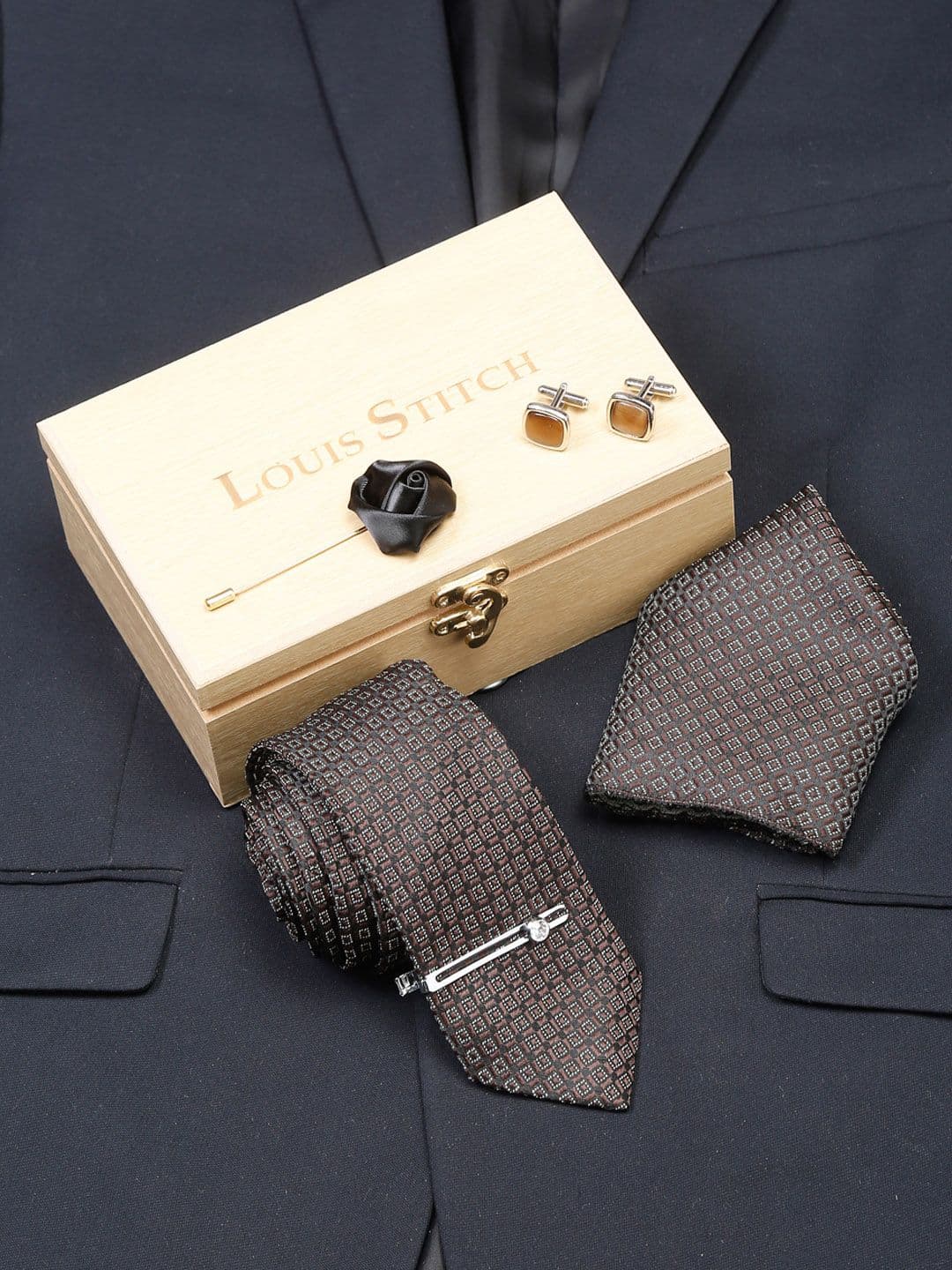 Louis Stitch Men Chocolate Brown Italian Silk Necktie Accessory Gift Set - view 1
