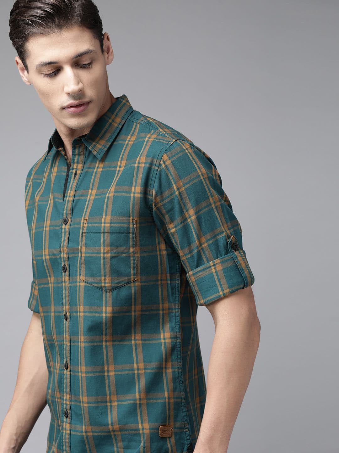 Roadster Men Teal Green & Mustard Yellow Pure Cotton Windowpane Checked Casual Shirt - view 1