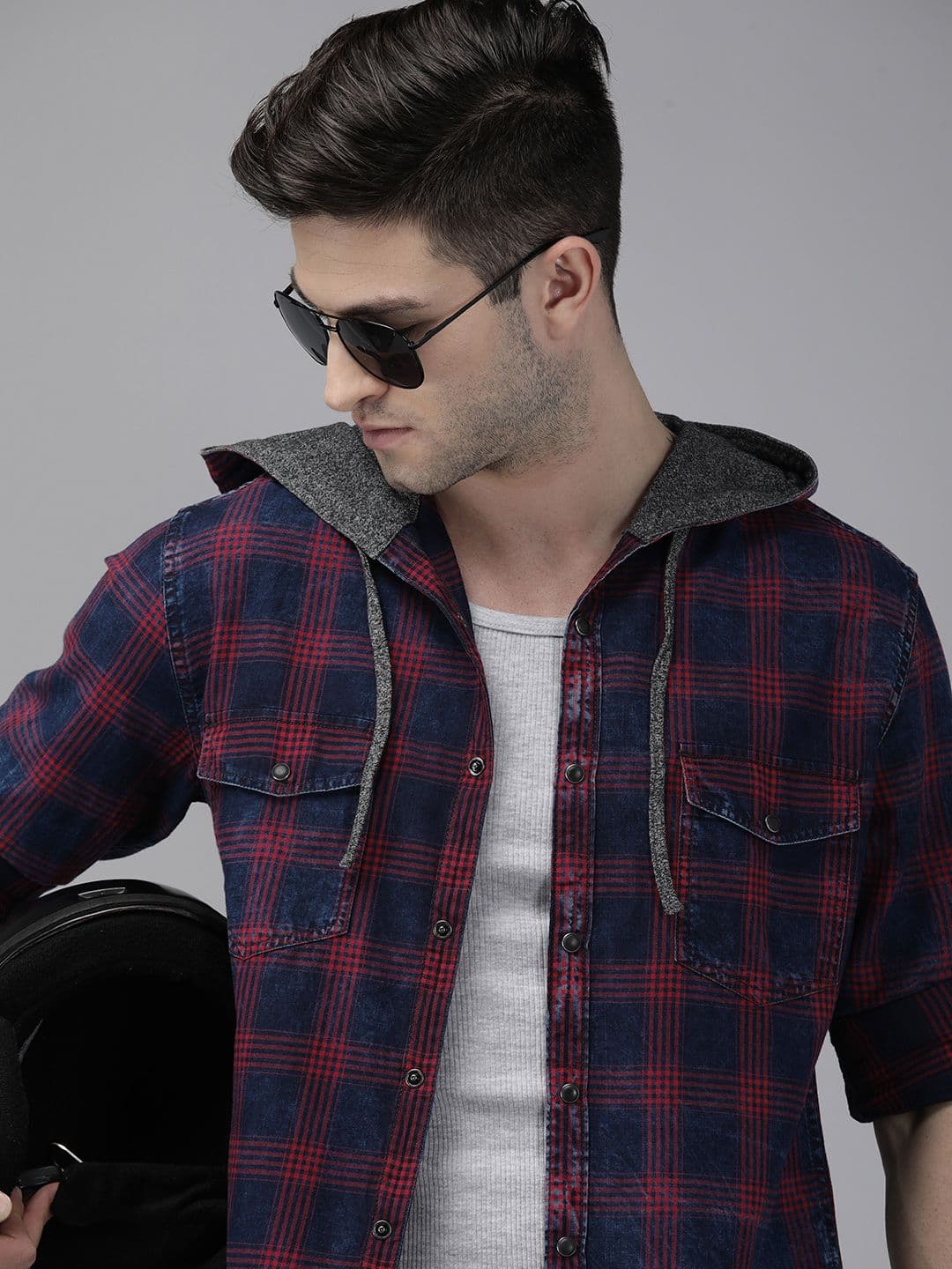 Roadster Men Navy Blue Checked Hooded Casual Shirt - view 1