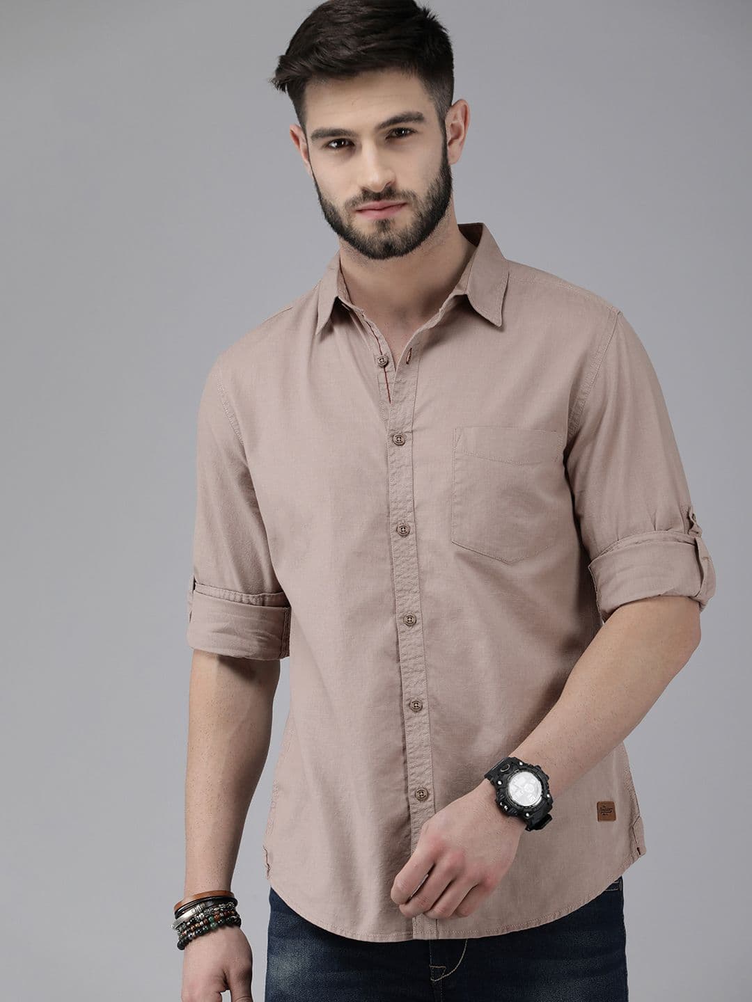 Roadster Men Beige Solid Casual Cotton Shirt - view 1