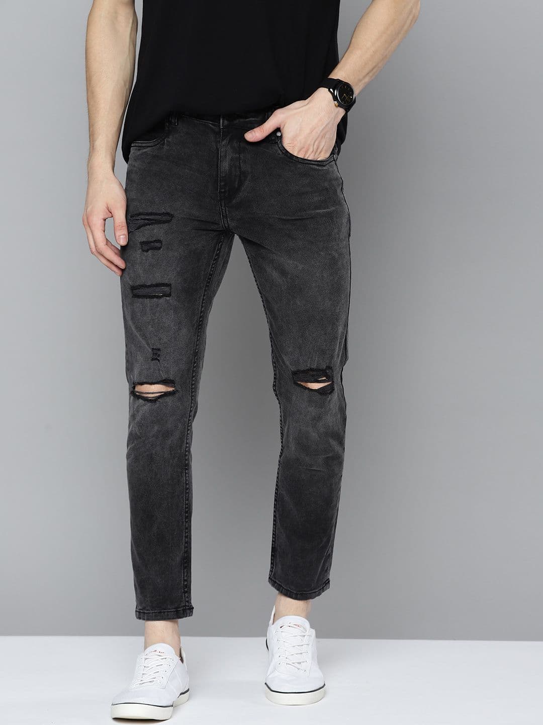 Mast & Harbour Men Charcoal Grey Slim Fit Mildly Distressed Stretchable Jeans - view 1