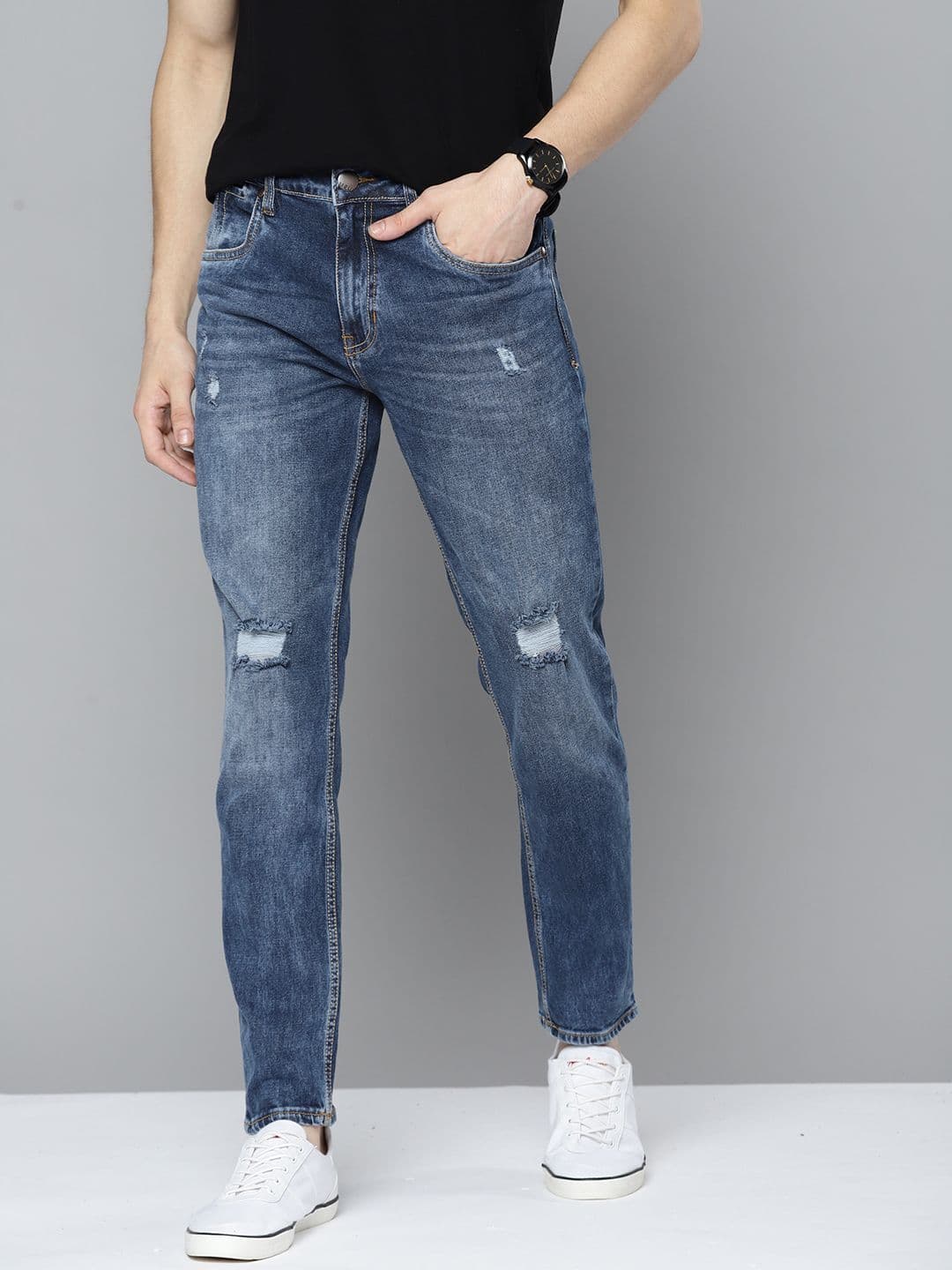 Mast & Harbour Men Blue Carrot Mildly Distressed Light Fade Stretchable Jeans - view 1