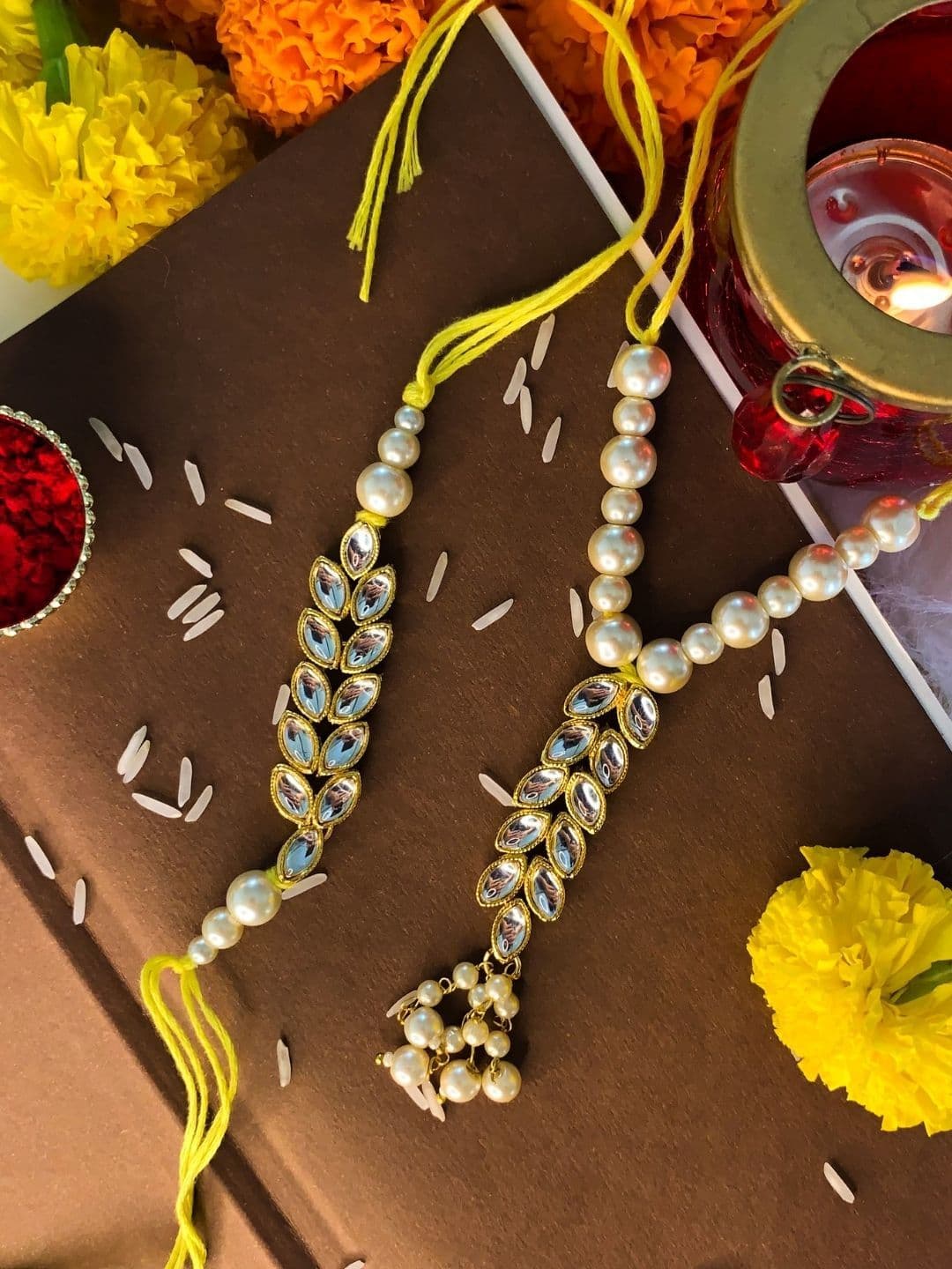 I Jewels Set Oof 2 White & Gold-Toned Stone Studded & Beaded Bhaiya Bhabhi Rakhis - view 1