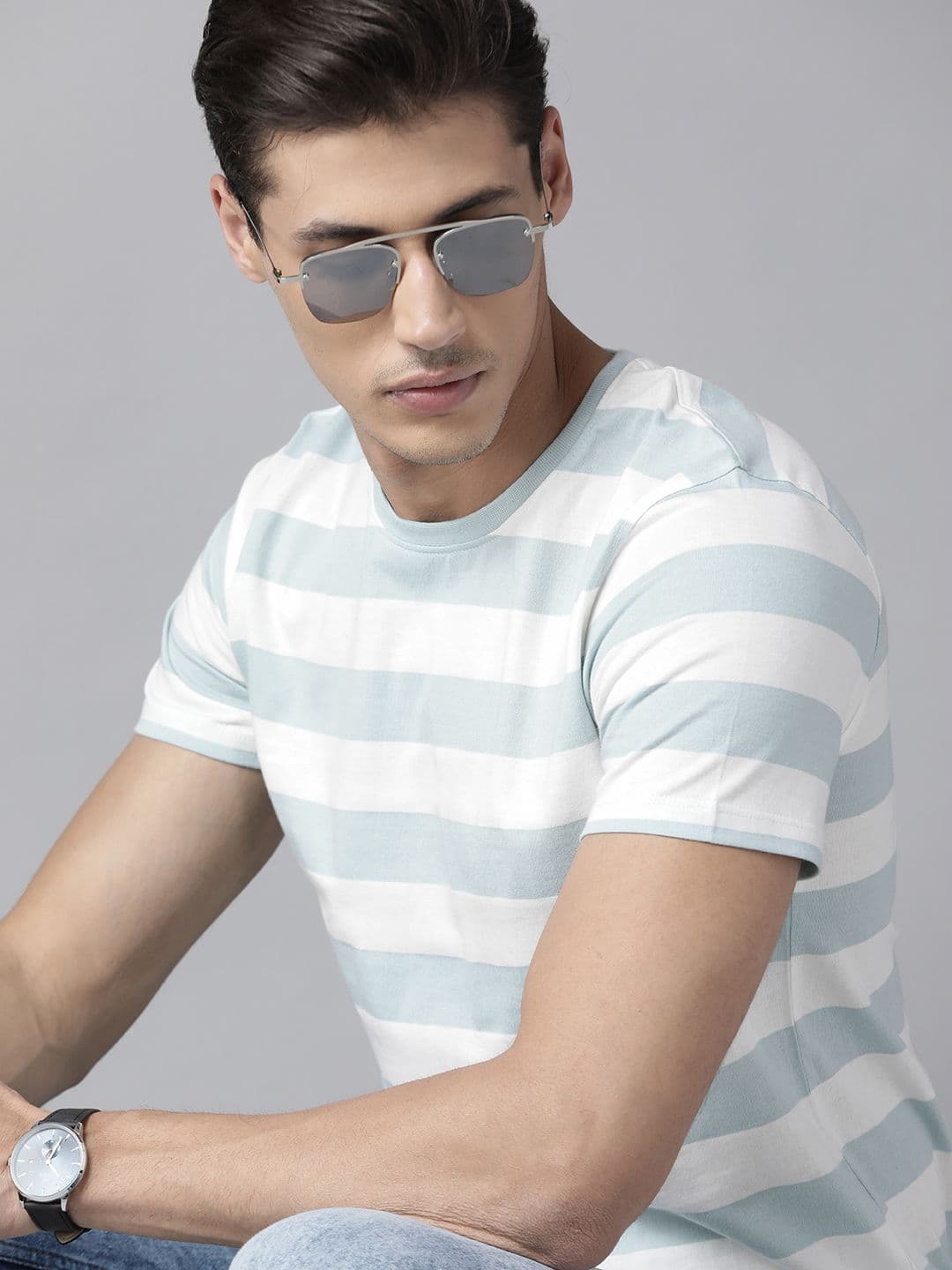 Roadster Men Blue & White Pure Cotton Striped T-shirt - view 1
