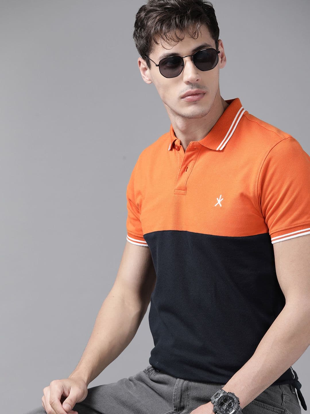 Roadster Men Orange & Black Pure Cotton Colourblocked Polo Collar T-shirt - view 1