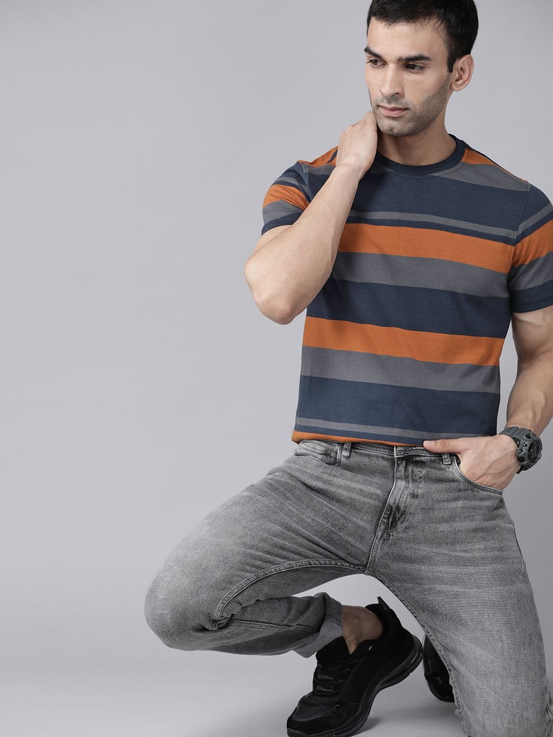 Roadster Men Grey & Navy Blue Cotton Striped T-shirt - view 1