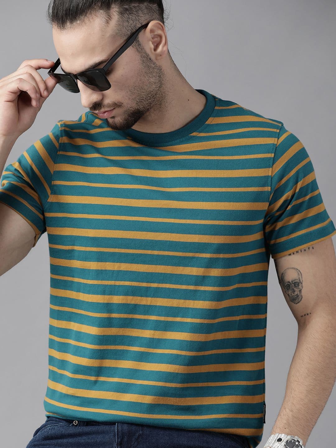 Roadster Men Blue & Mustard Yellow Cotton Striped T-shirt - view 1