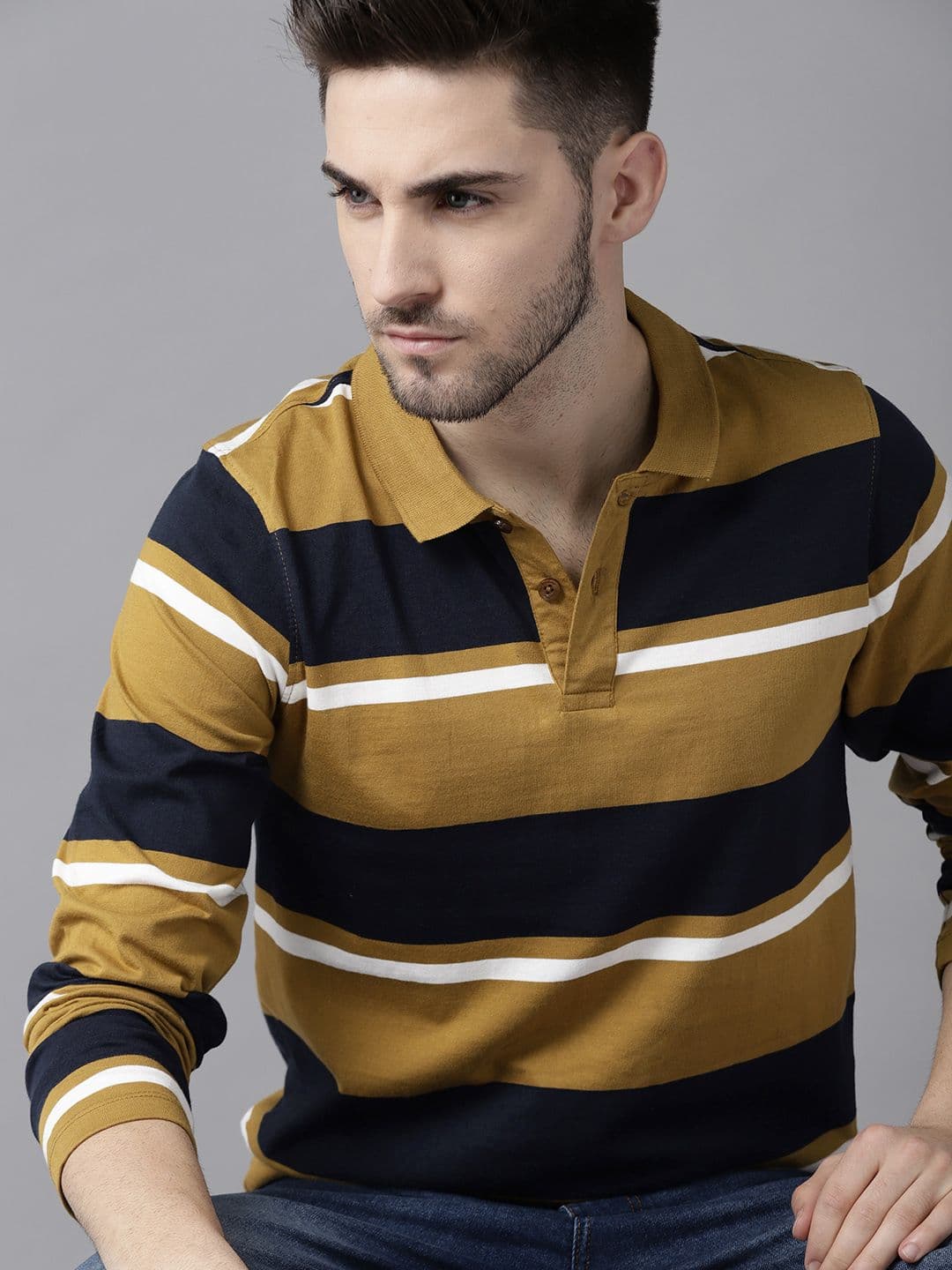 Roadster Men Khaki Navy Blue Pure Cotton Striped Polo Collar Pure Cotton T-shirt - view 1