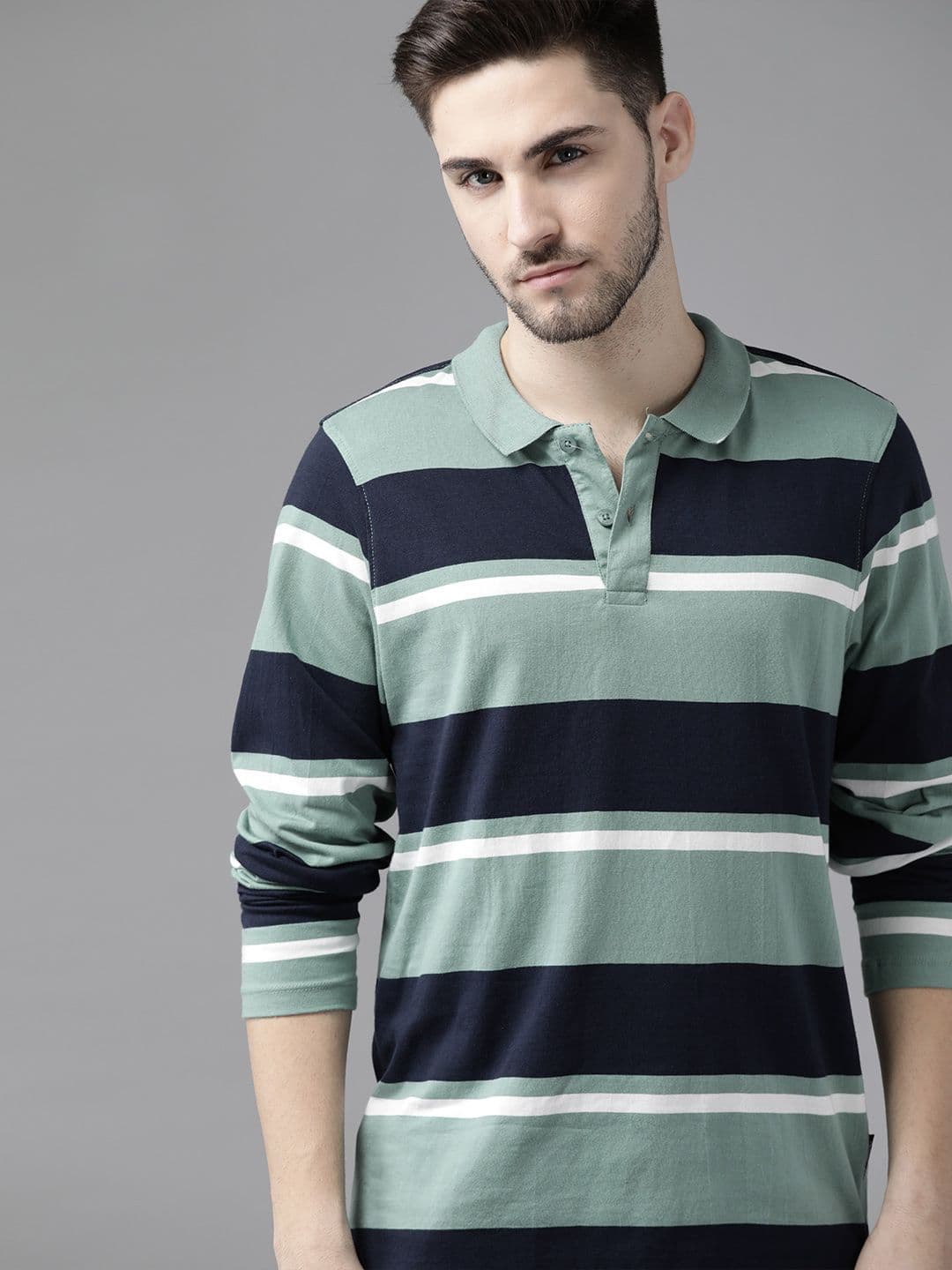 Roadster Men Green Navy Blue Pure Cotton Striped Polo Collar Pure Cotton T-shirt - view 1