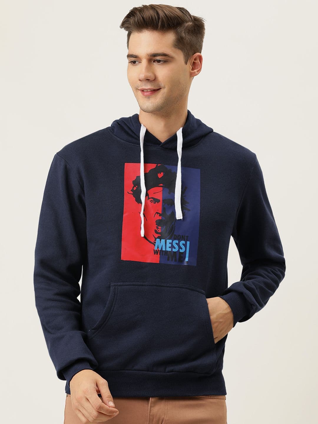 CAHOOT Men Navy Blue Messi Printed Hooded Sweatshirt - view 1