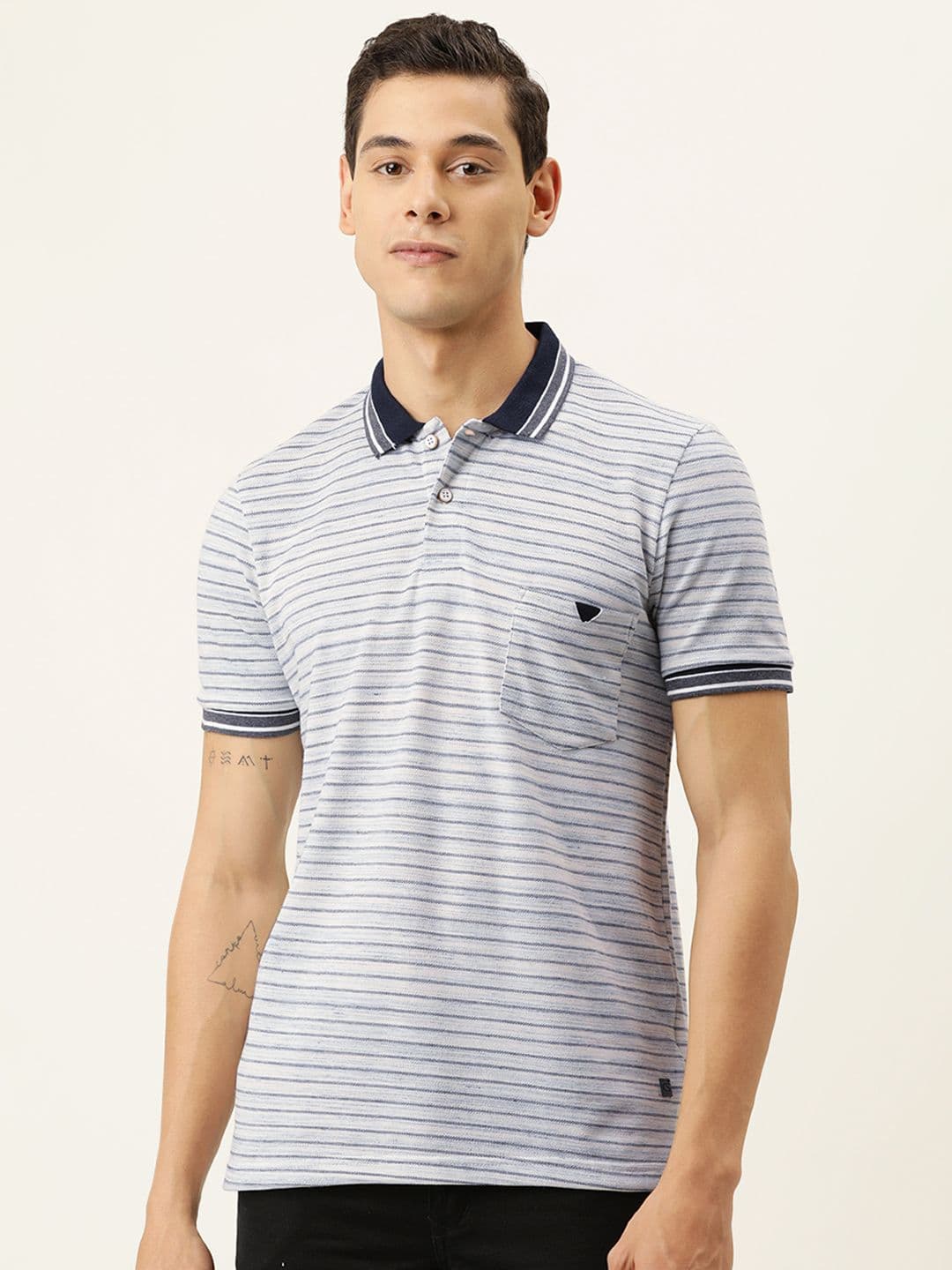 CAHOOT Men Grey & Navy Blue Striped Polo Collar T-shirt - view 1