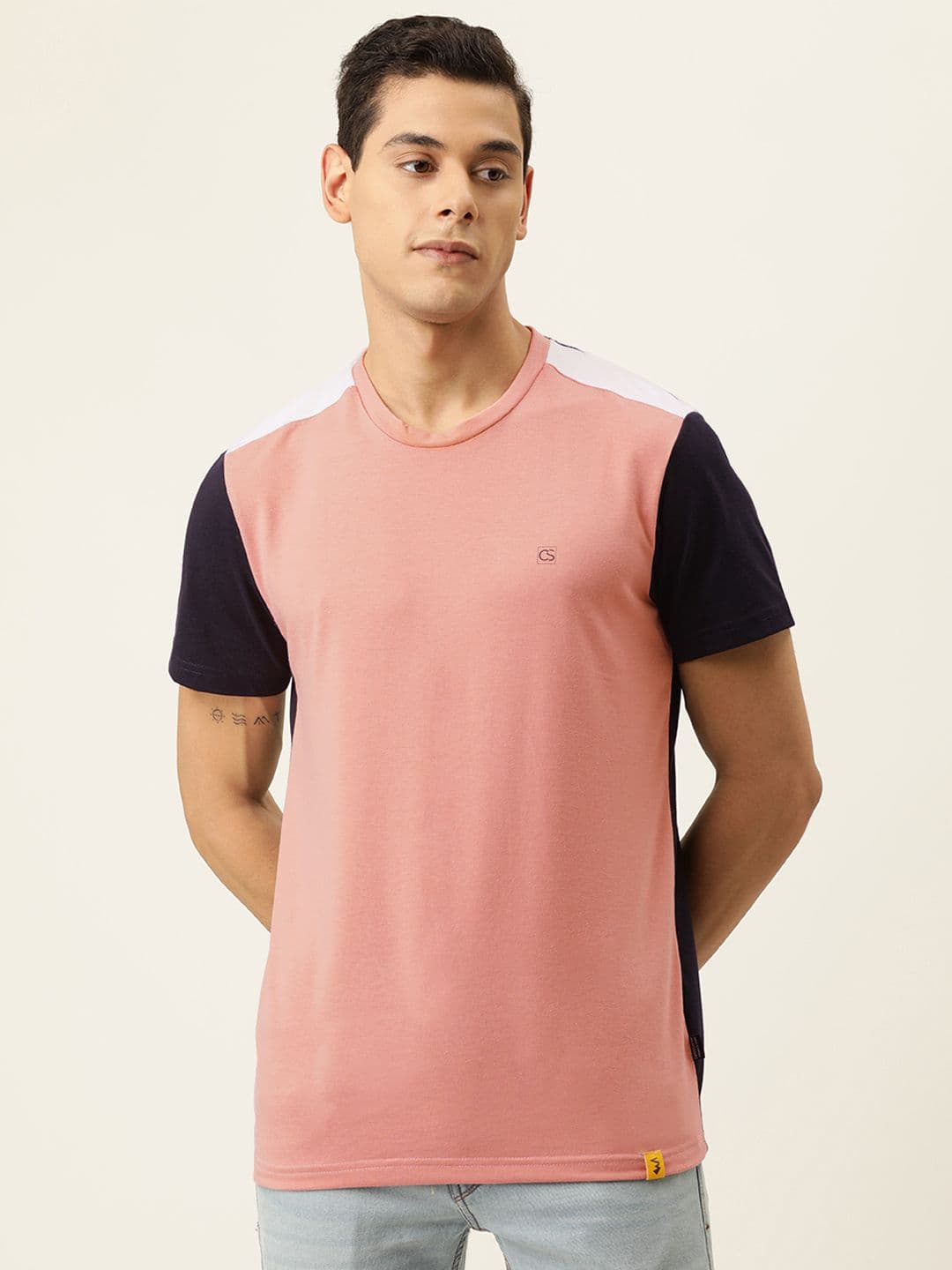 CAHOOT Men Pink & Black Colourblocked T-shirt - view 1