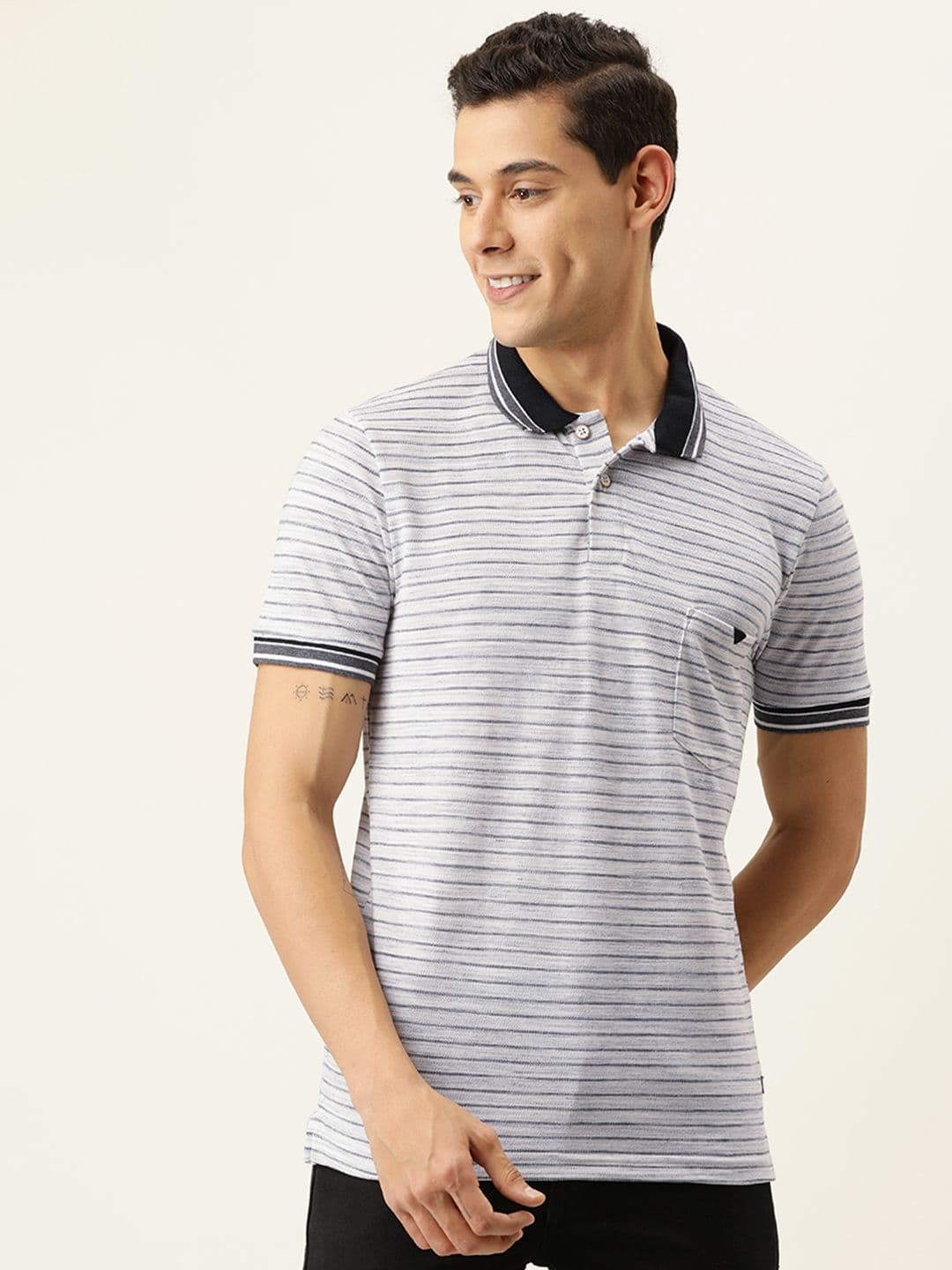 CAHOOT Men Grey & Blue Striped Polo Collar T-shirt - view 1