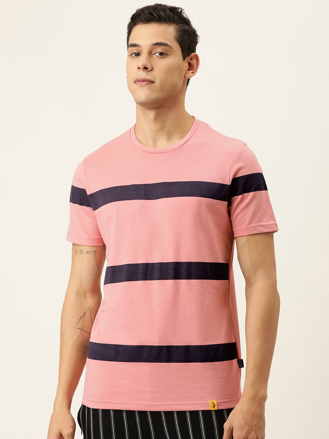 CAHOOT Men Pink & Black Striped Round Neck T-shirt - view 1