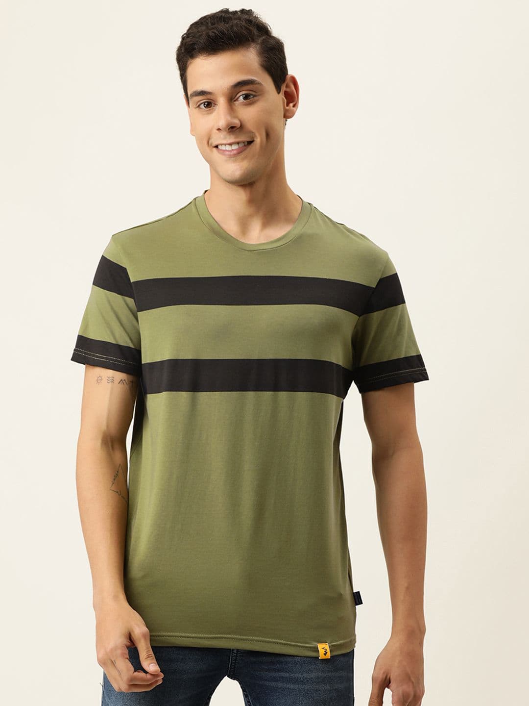 CAHOOT Men Olive Green & Black Striped T-shirt - view 1