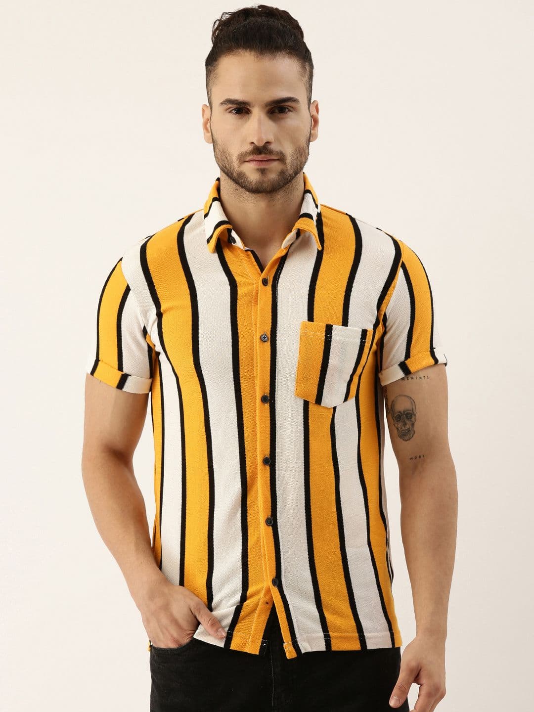 CAHOOT Men Mustard Yellow & White Cotton Striped Casual Shirt - view 1