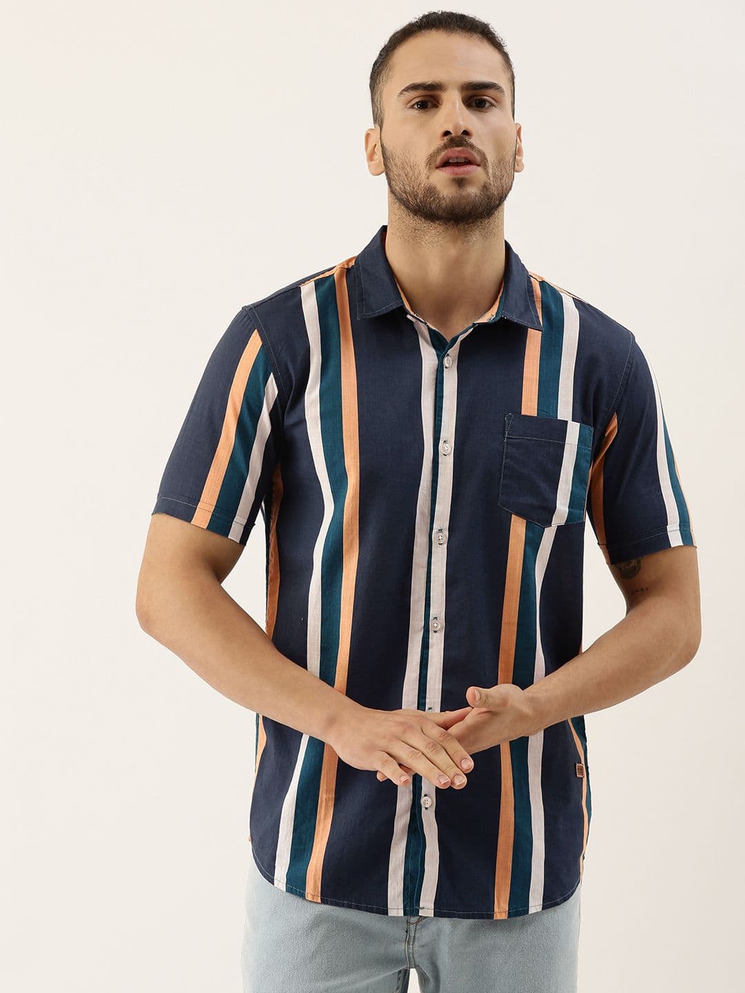 CAHOOT Men Navy Blue & Peach-Coloured Cotton Striped Casual Shirt - view 1