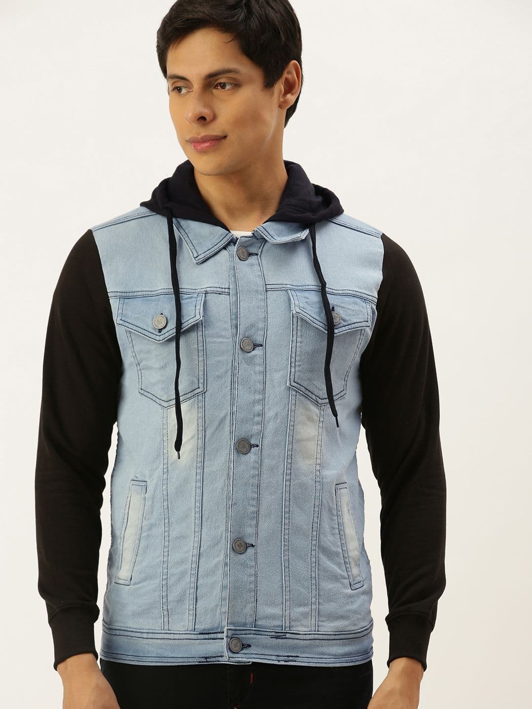 CAHOOT Men Blue & Black Washed Pure Cotton Hooded Denim Jacket - view 1