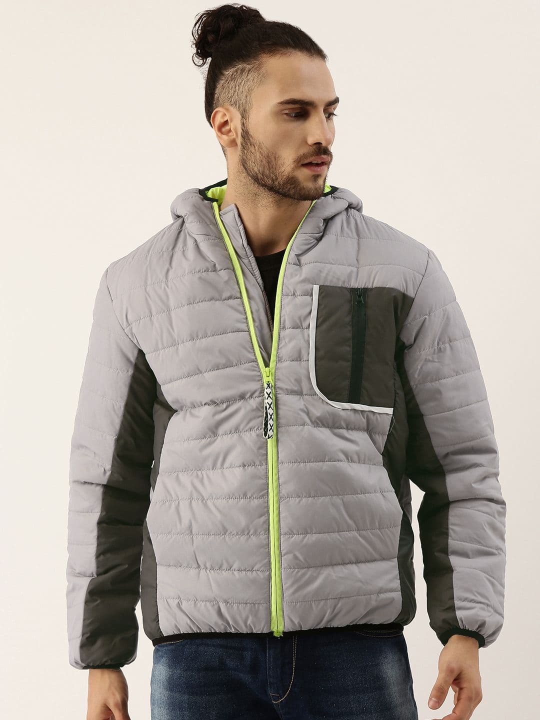 CAHOOT Men Grey & Black Colourblocked Windcheater Hooded Padded Jacket - view 1