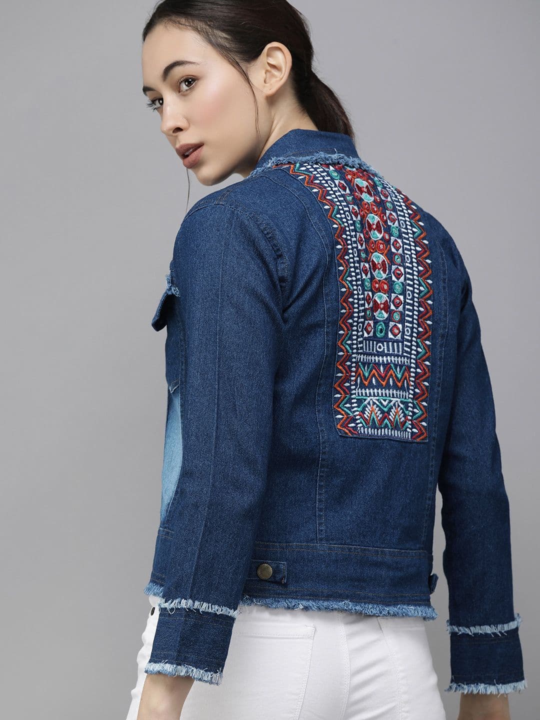 VOXATI Women Blue Washed Crop Denim Jacket with Embroidered - view 1
