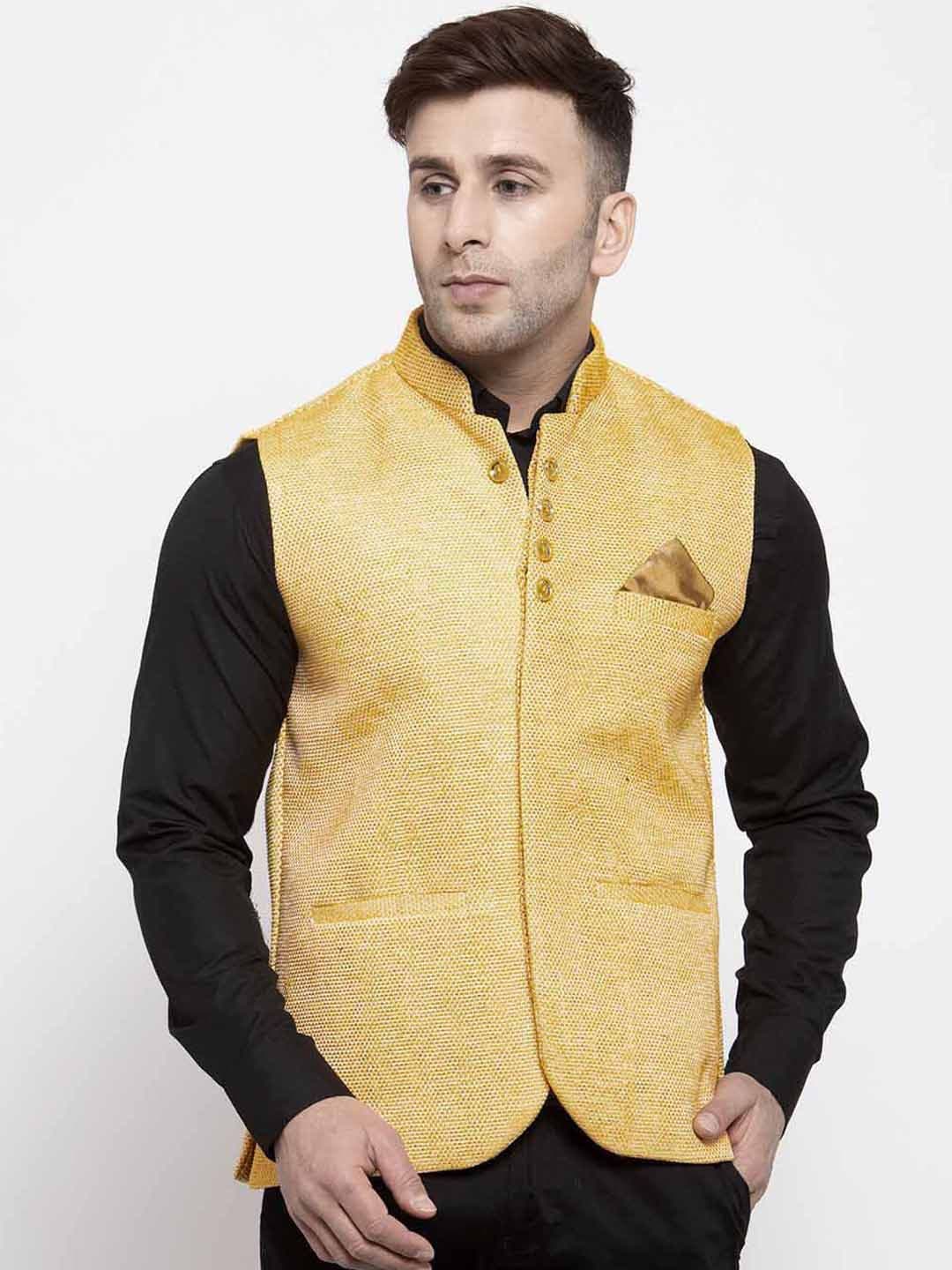 KLOTTHE Men Yellow Woven Design Nehru Jacket With Comes With A Pocket Square - view 1