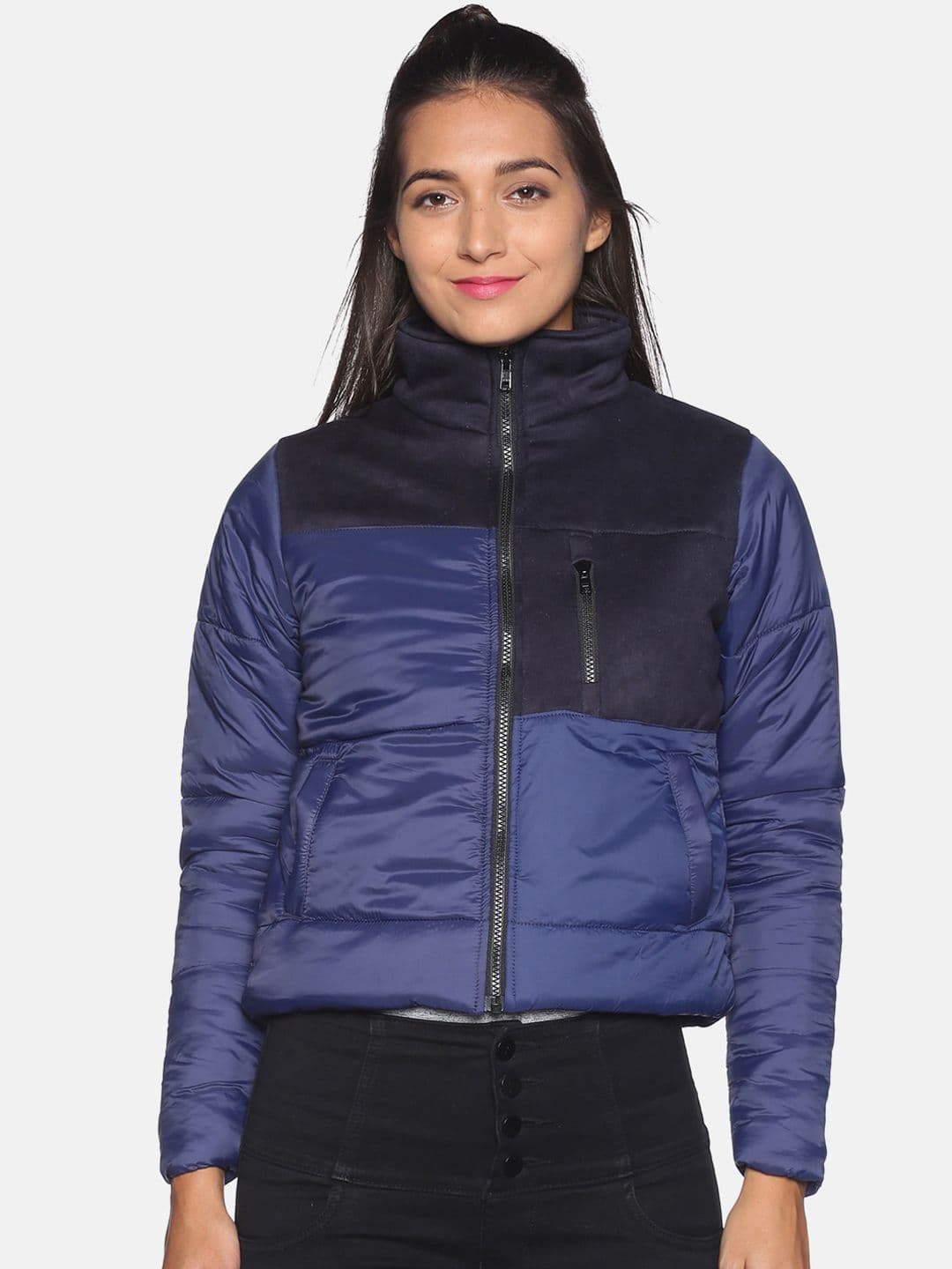 PINACOLADA Women Navy Blue & Black Colourblocked Windcheater Puffer Jacket - view 1