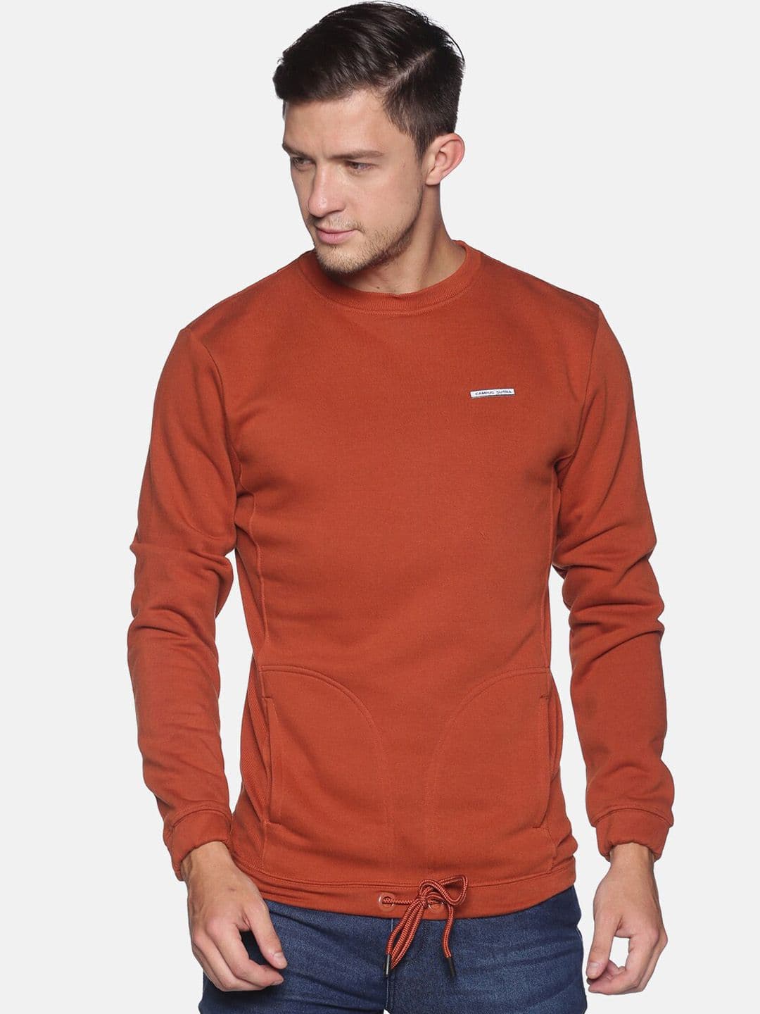 CAHOOT Men Rust Cotton Solid Pullover Sweatshirt With Tie-Up Hem - view 1