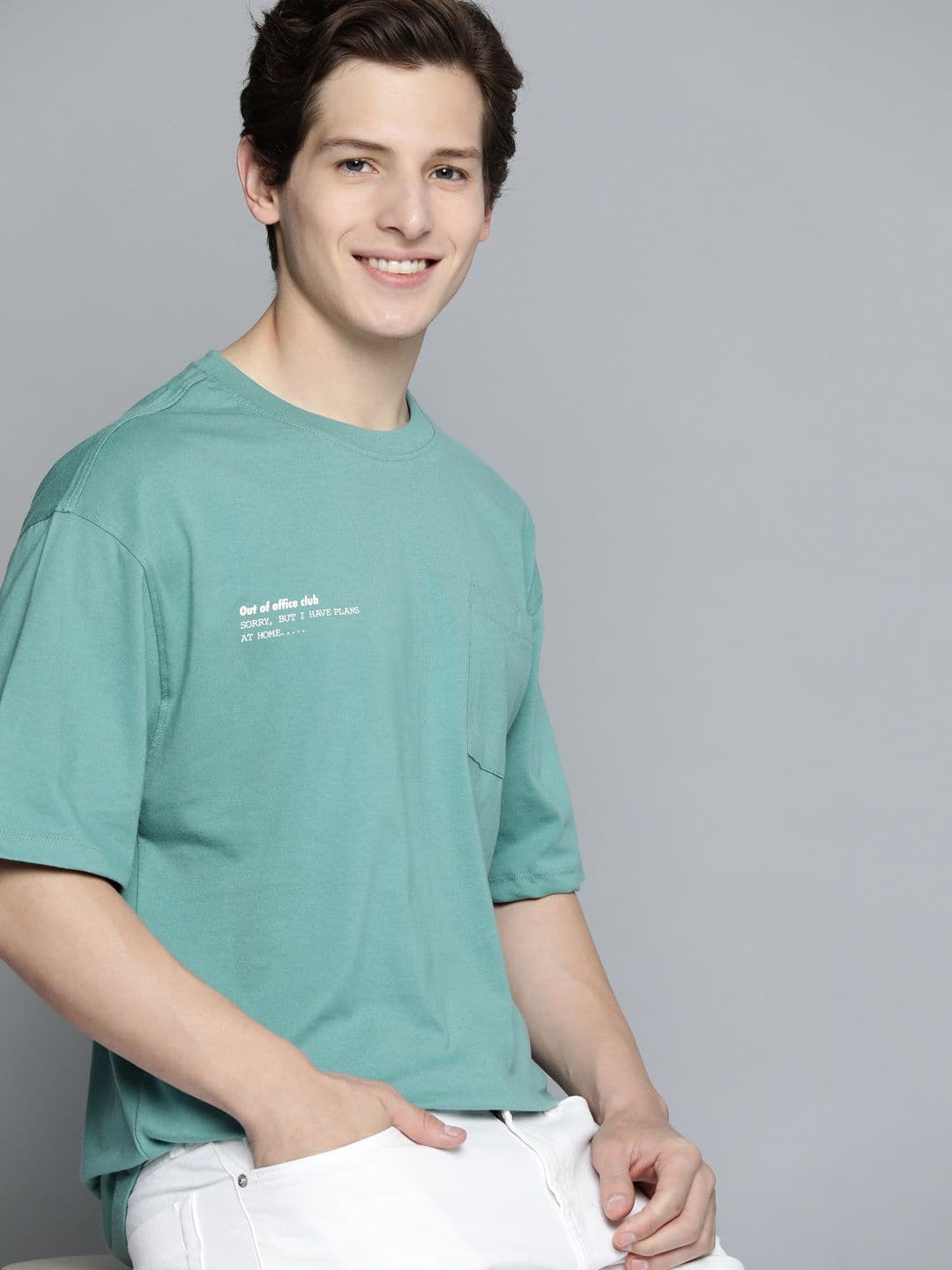 M&H Easy Men Sea Green Cotton Drop-Shoulder Sleeves Relaxed Fit T-shirt with Pocket - view 1