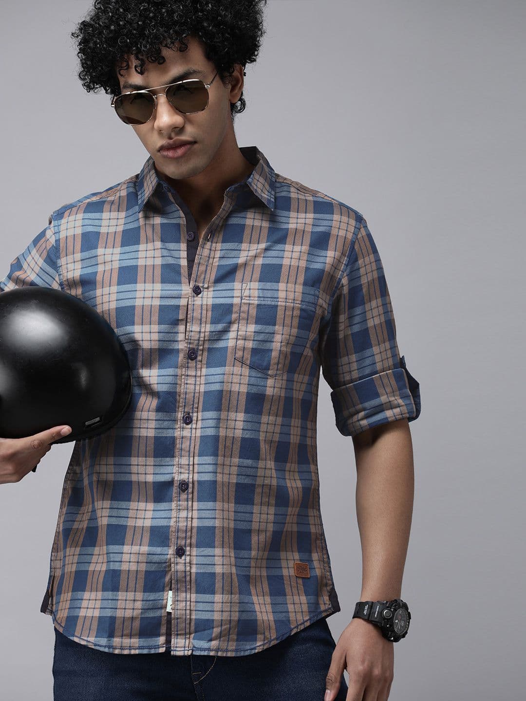 Roadster Men Blue And Grey Tartan Checked Slim Fit Pure Cotton Casual Shirt - view 1