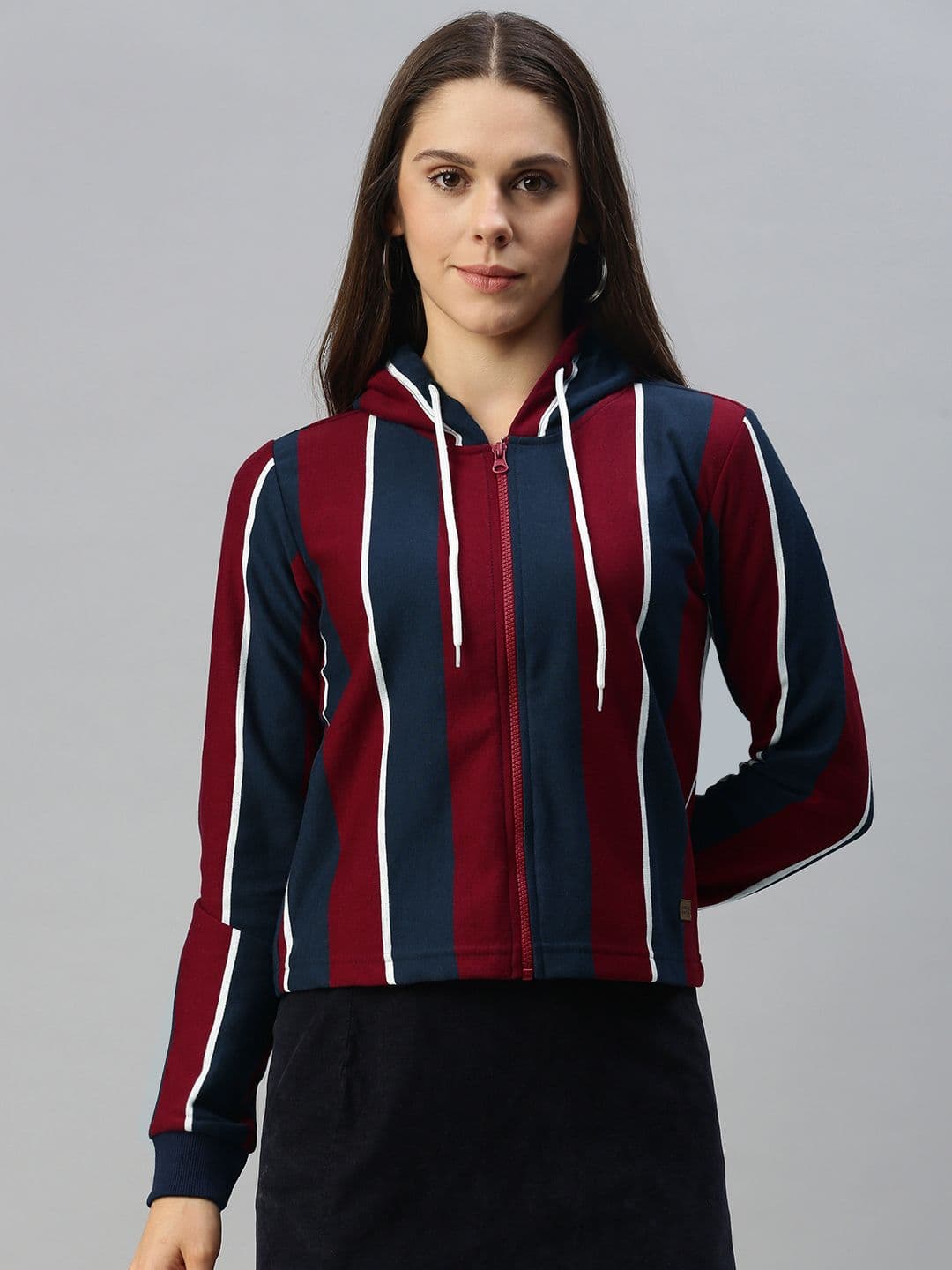 PINACOLADA Women Maroon & Navy Blue Striped Hooded Sweatshirt - view 1