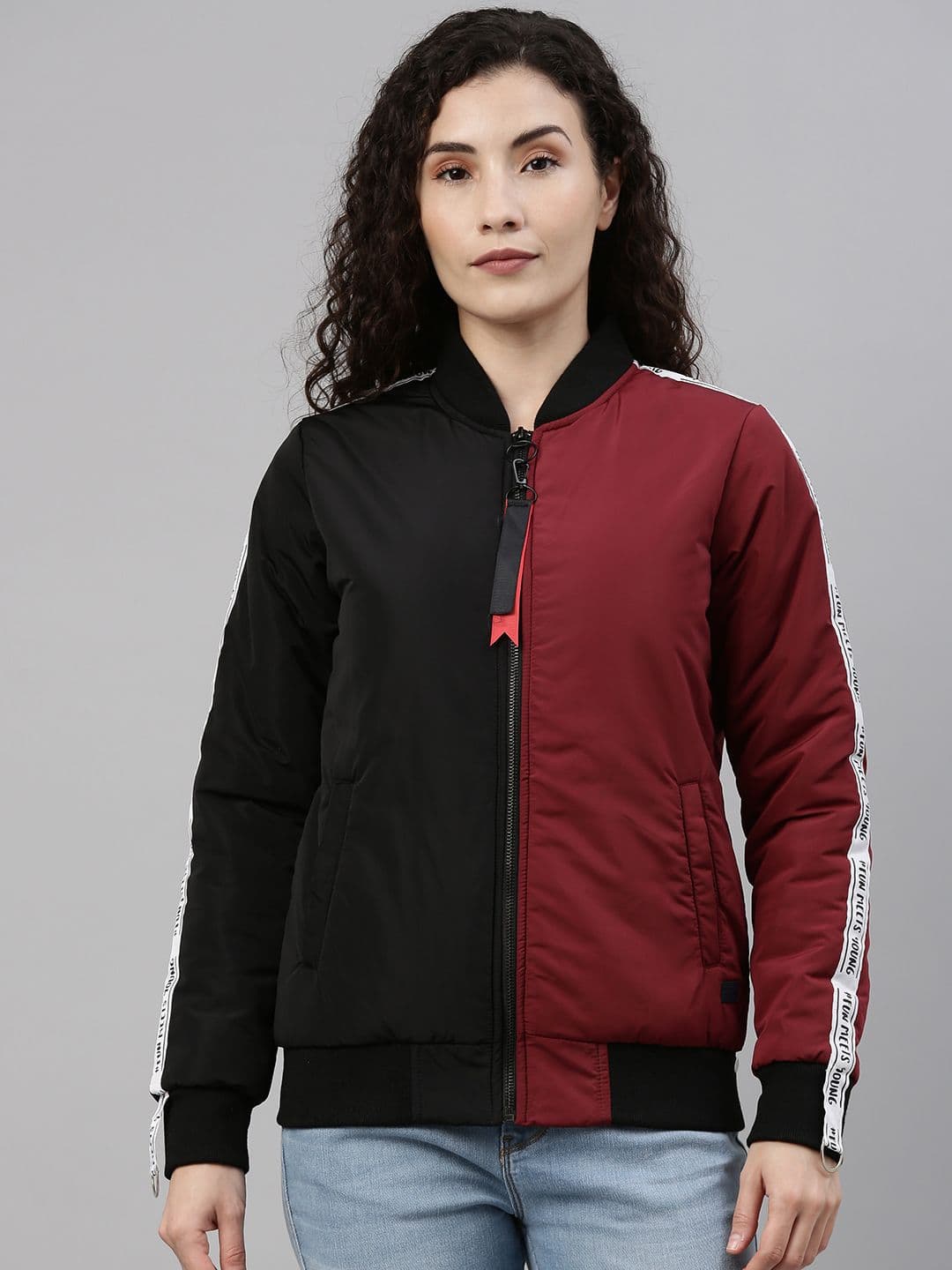 PINACOLADA Women Black& Maroon Colourblocked Windcheater Outdoor Bomber Jacket - view 1