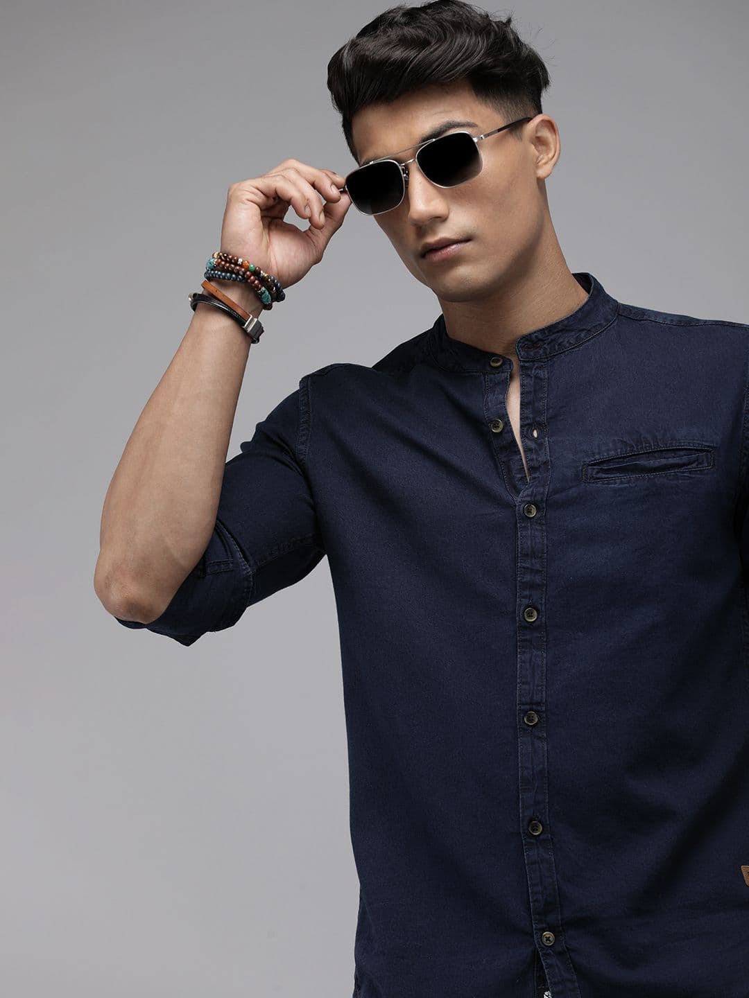 Roadster Men Navy Blue Regular Fit Solid Opaque Cotton Casual Denim Shirt with Pocket - view 1