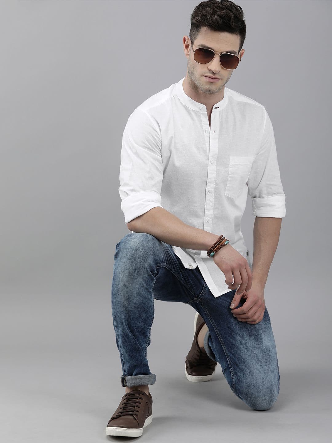 Roadster Men White Mandarin Collar Casual Shirt - view 1