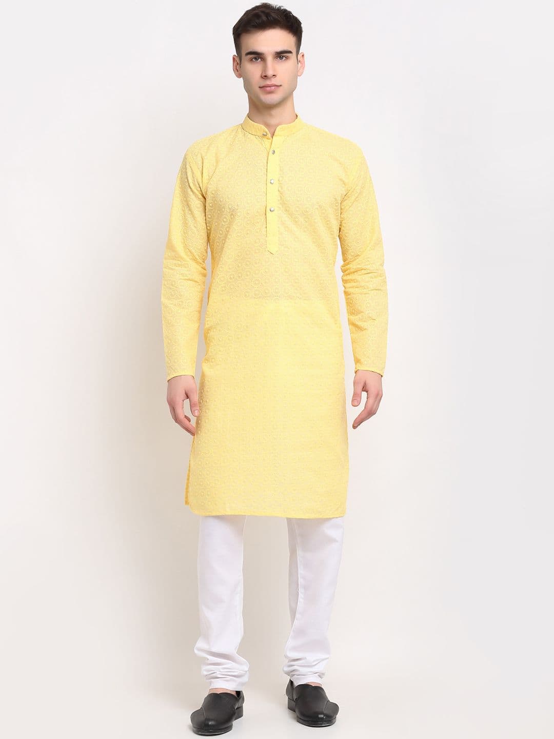 Jompers Men Yellow Pure Cotton Self Embroidered Straight Kurta - view 1
