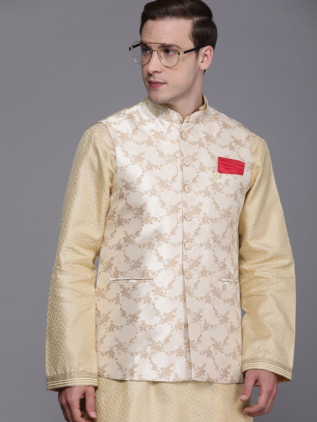 Manyavar Men Beige Woven Design Jacquard Weave Nehru Jacket - view 1