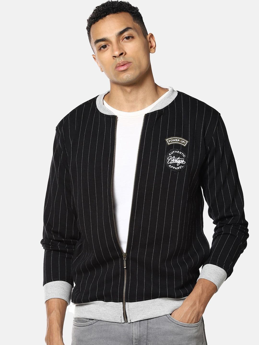 CAHOOT Men Black Striped Windcheater Bomber with Patchwork Jacket - view 1