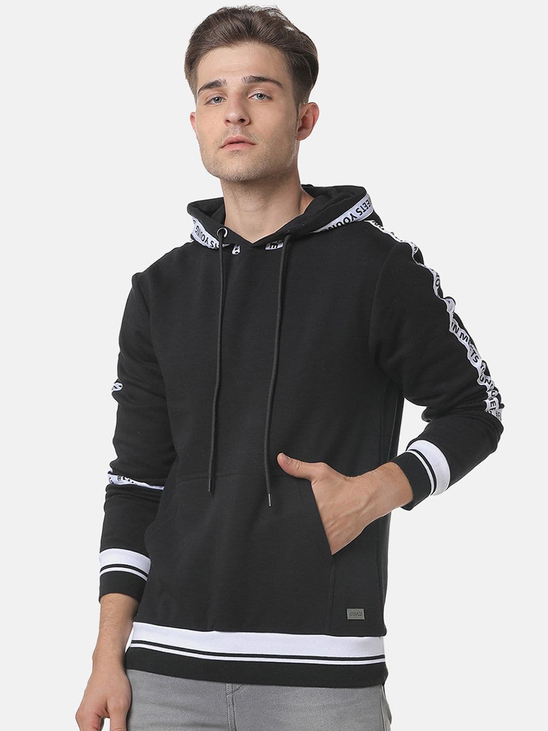 CAHOOT Men Black & White Colourblocked Hooded Pullover Sweatshirt - view 1